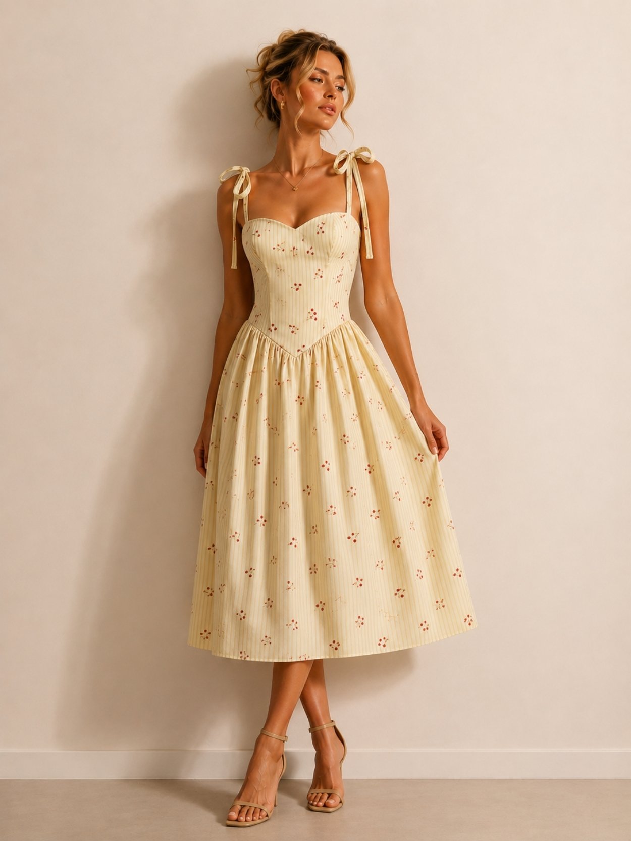 Cherry Stripe Bow Strap Midi Dress SK62211