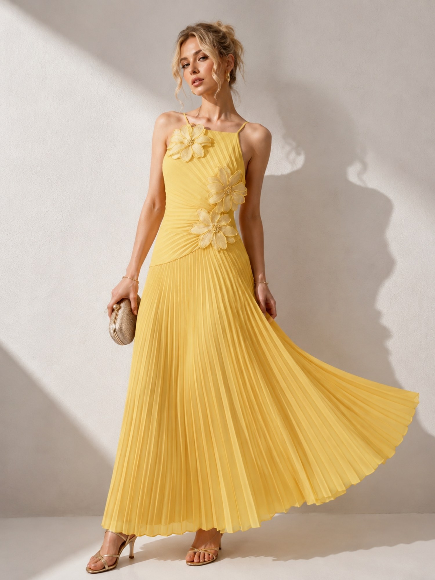 Butter Yellow Floral Pleated Midi Dress SK62362