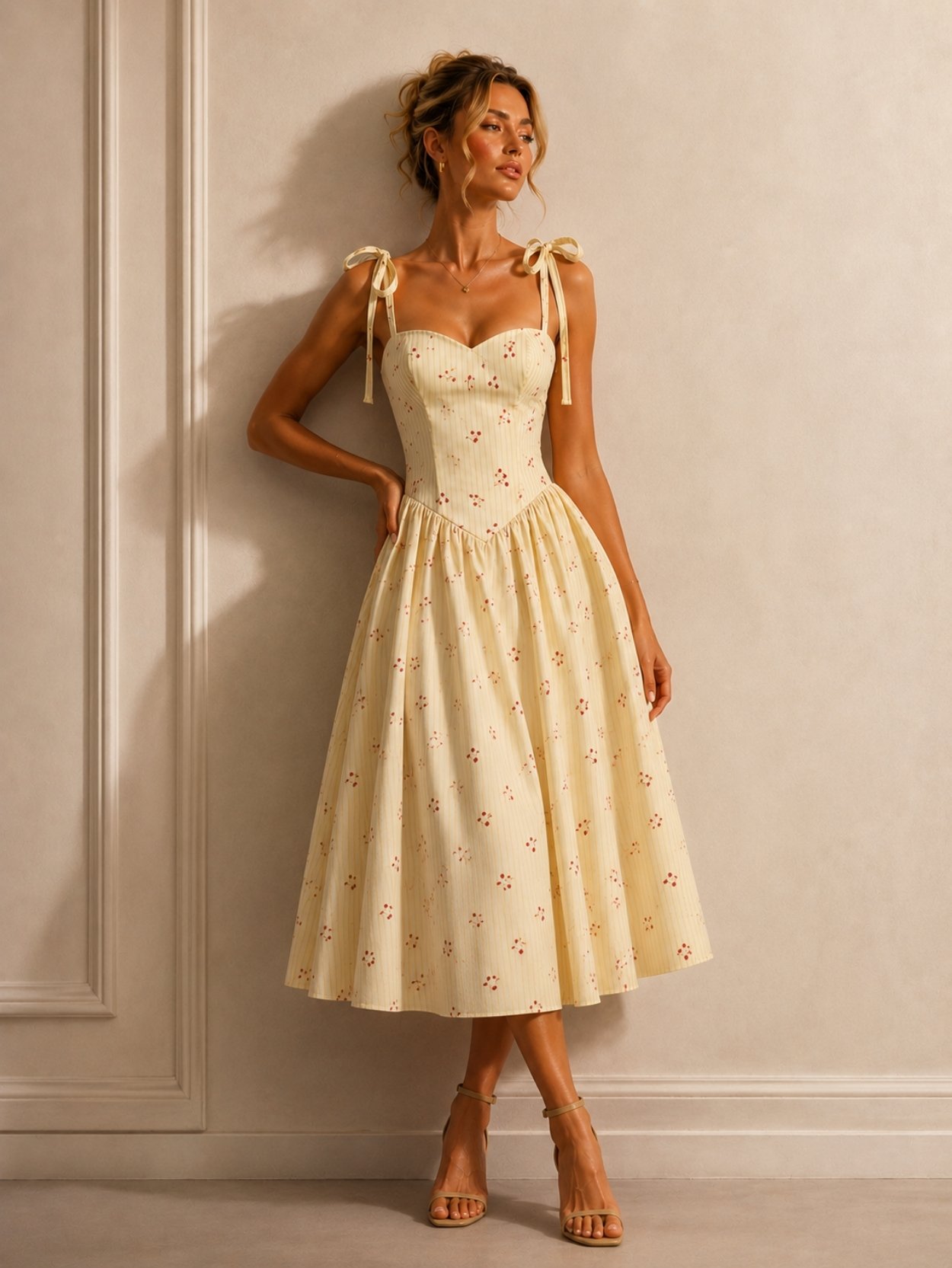 Cherry Stripe Bow Strap Midi Dress SK62211 - Image 2