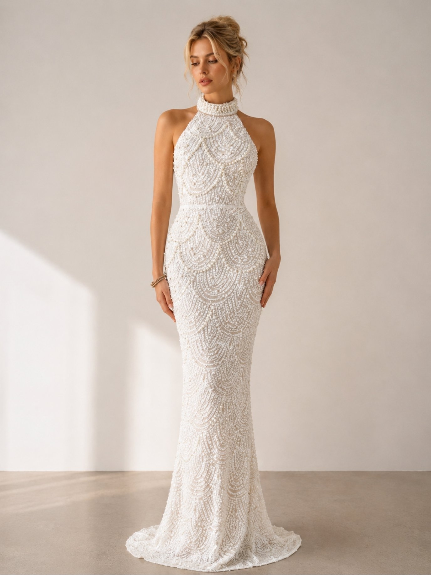 Ivory Pearl Embellished Halter Mermaid Wedding Dress SK62300 - Image 3