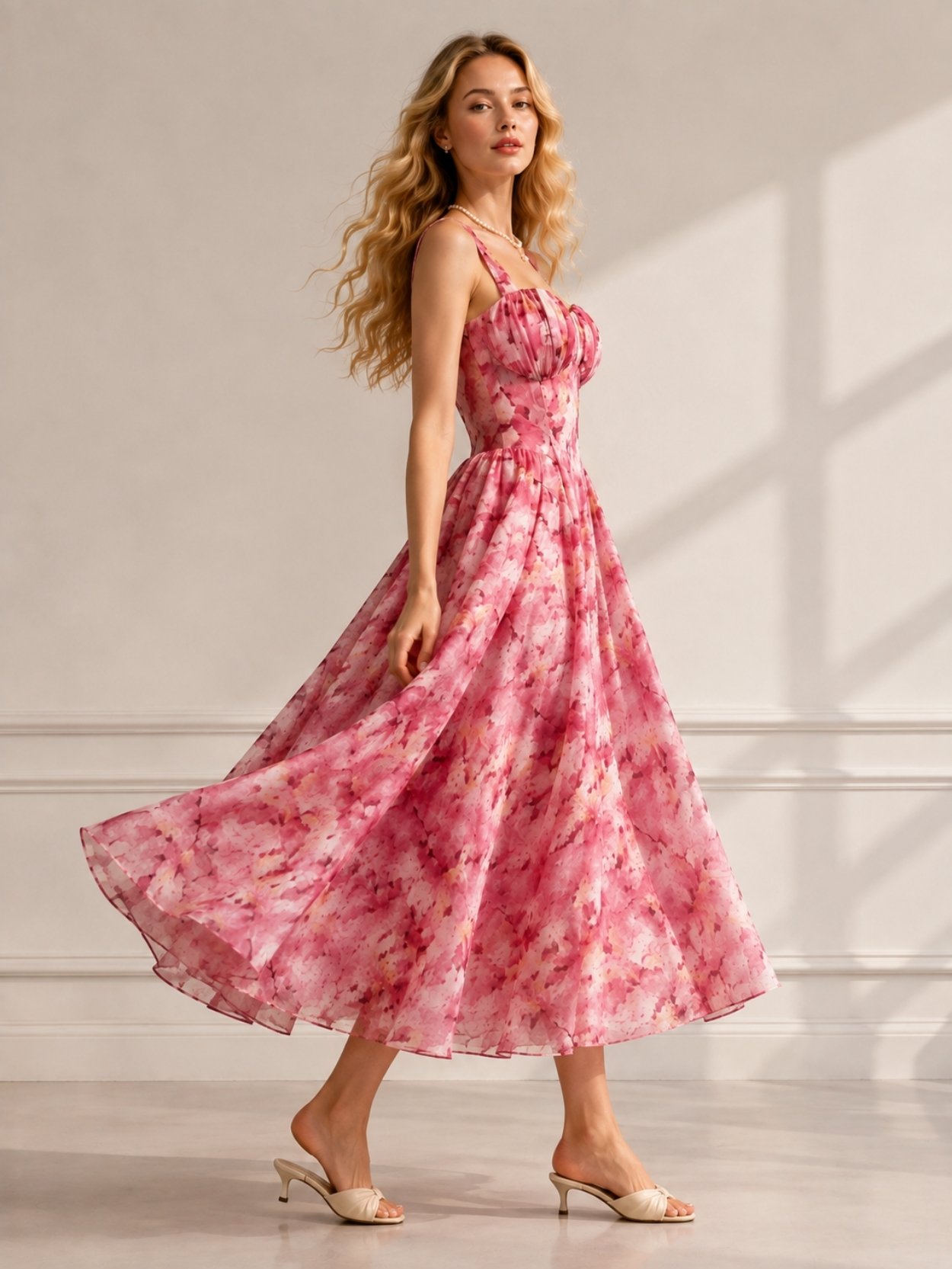 Pink Floral Corset Midi Dress with Cross Back SK62162 - Image 3