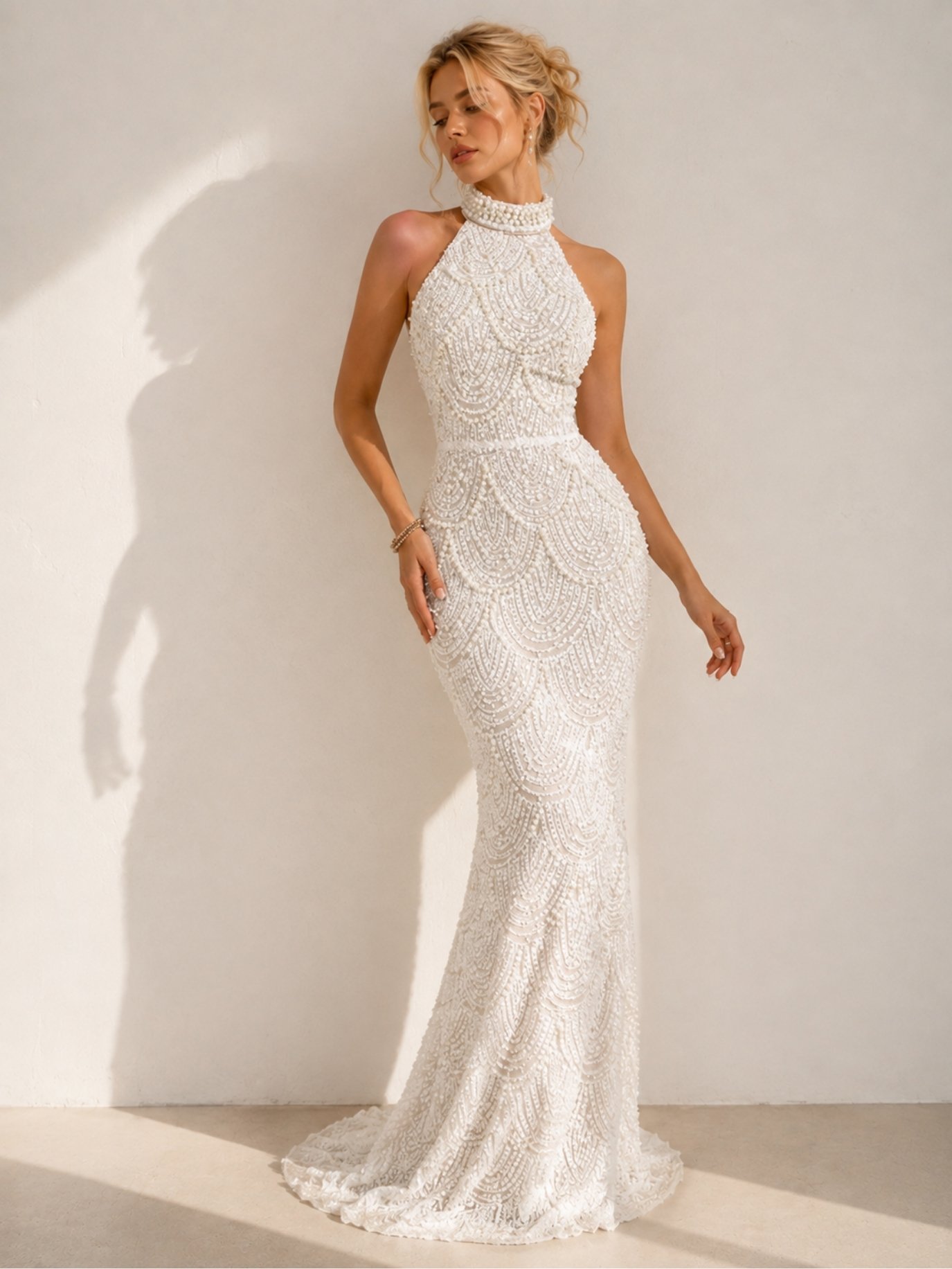 Ivory Pearl Embellished Halter Mermaid Wedding Dress SK62300