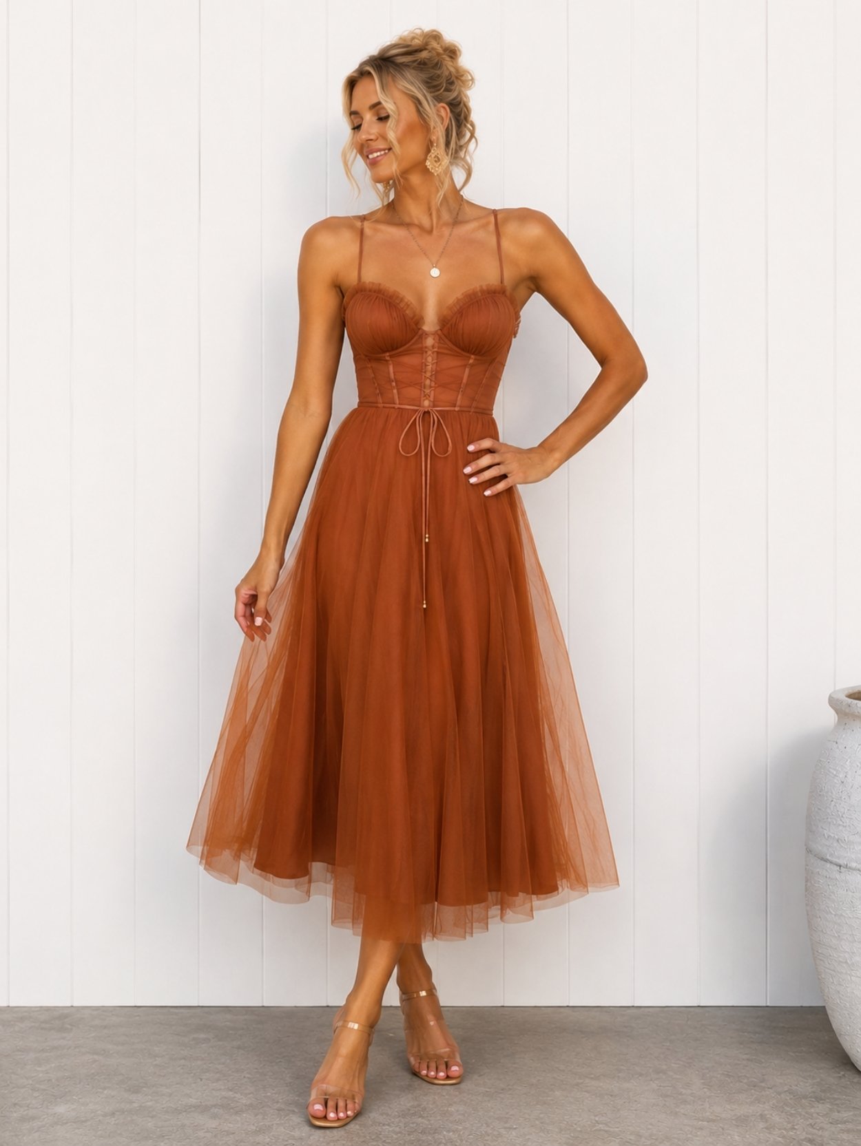 Cinnamon Tulle Corset Midi Dress SK62265 - Image 2