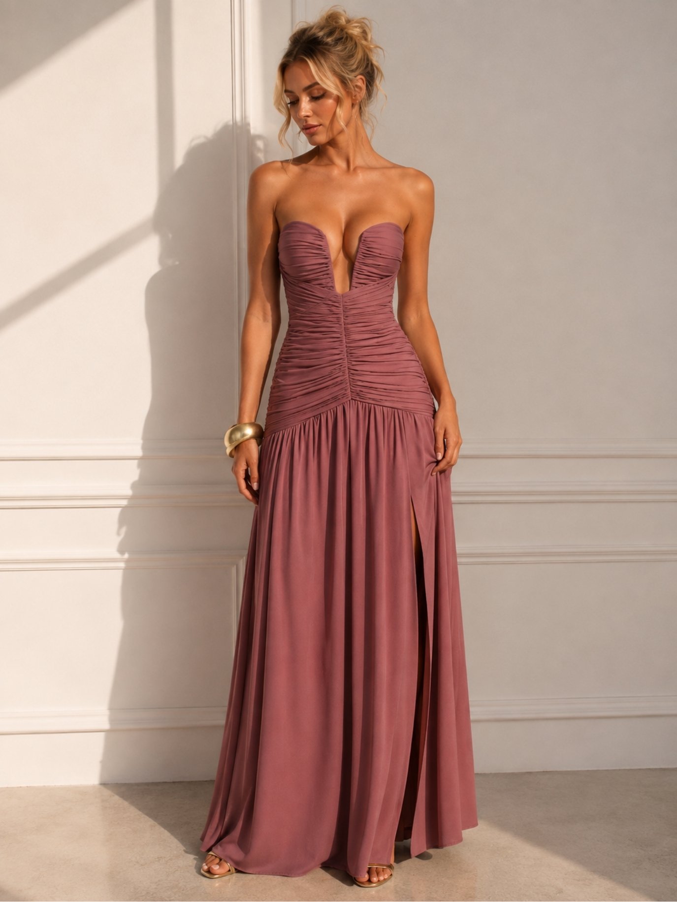 Dusty Rose Ruched Strapless Maxi Dress SK62278