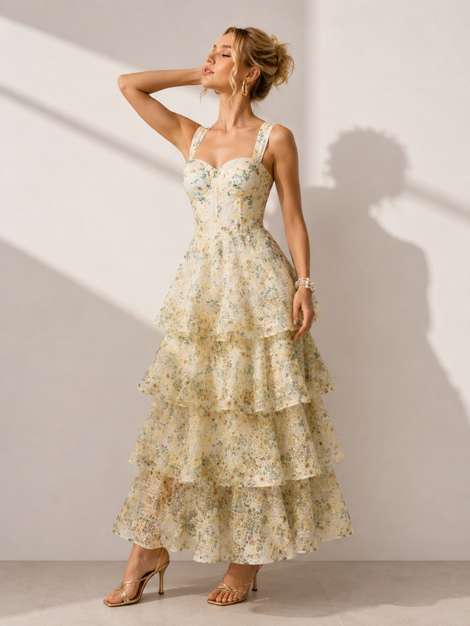 Ivory Floral Tiered Ruffle Midi Dress SK62355