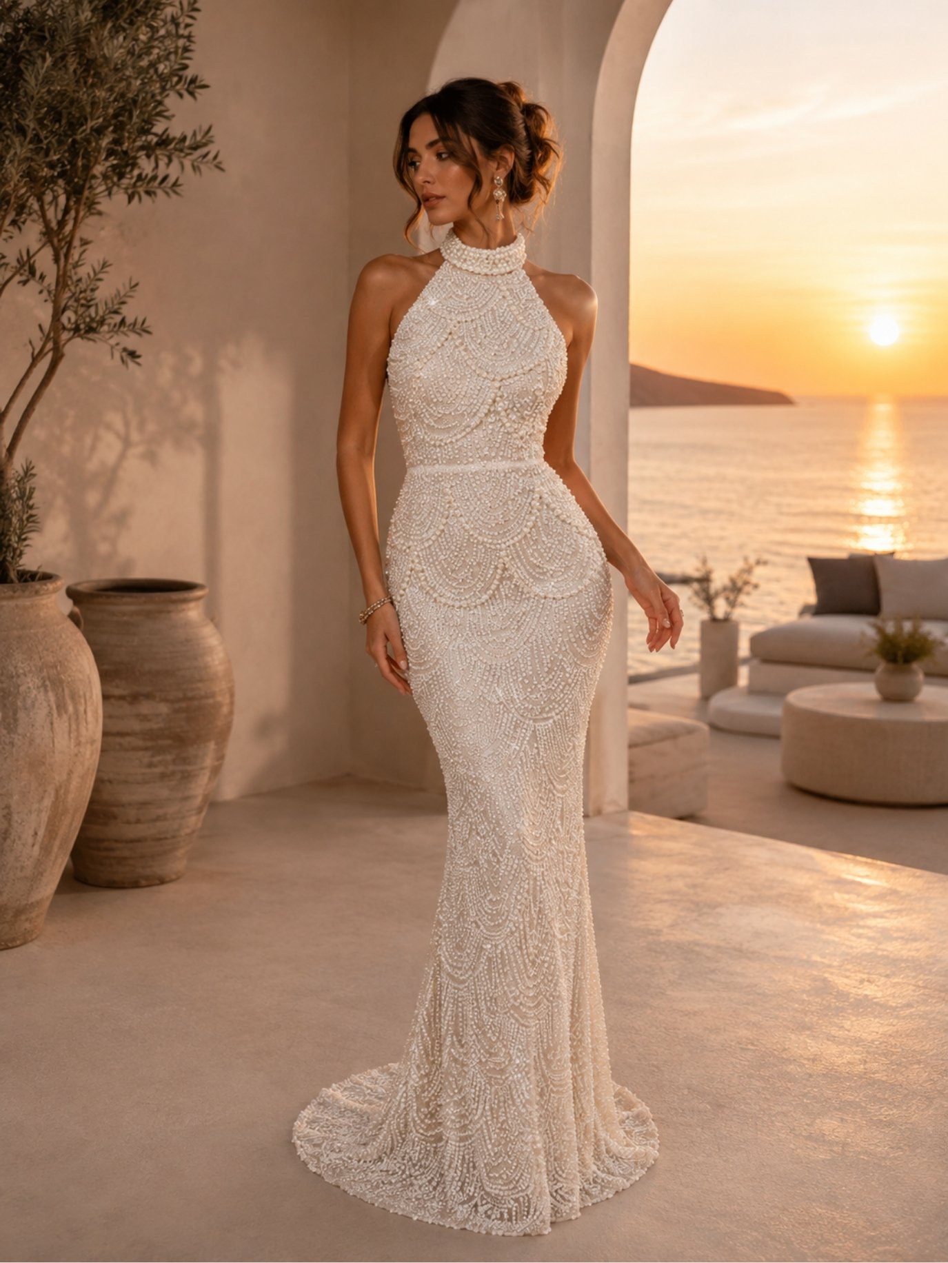 Ivory Pearl Embellished Halter Mermaid Wedding Dress SK62300 - Image 5