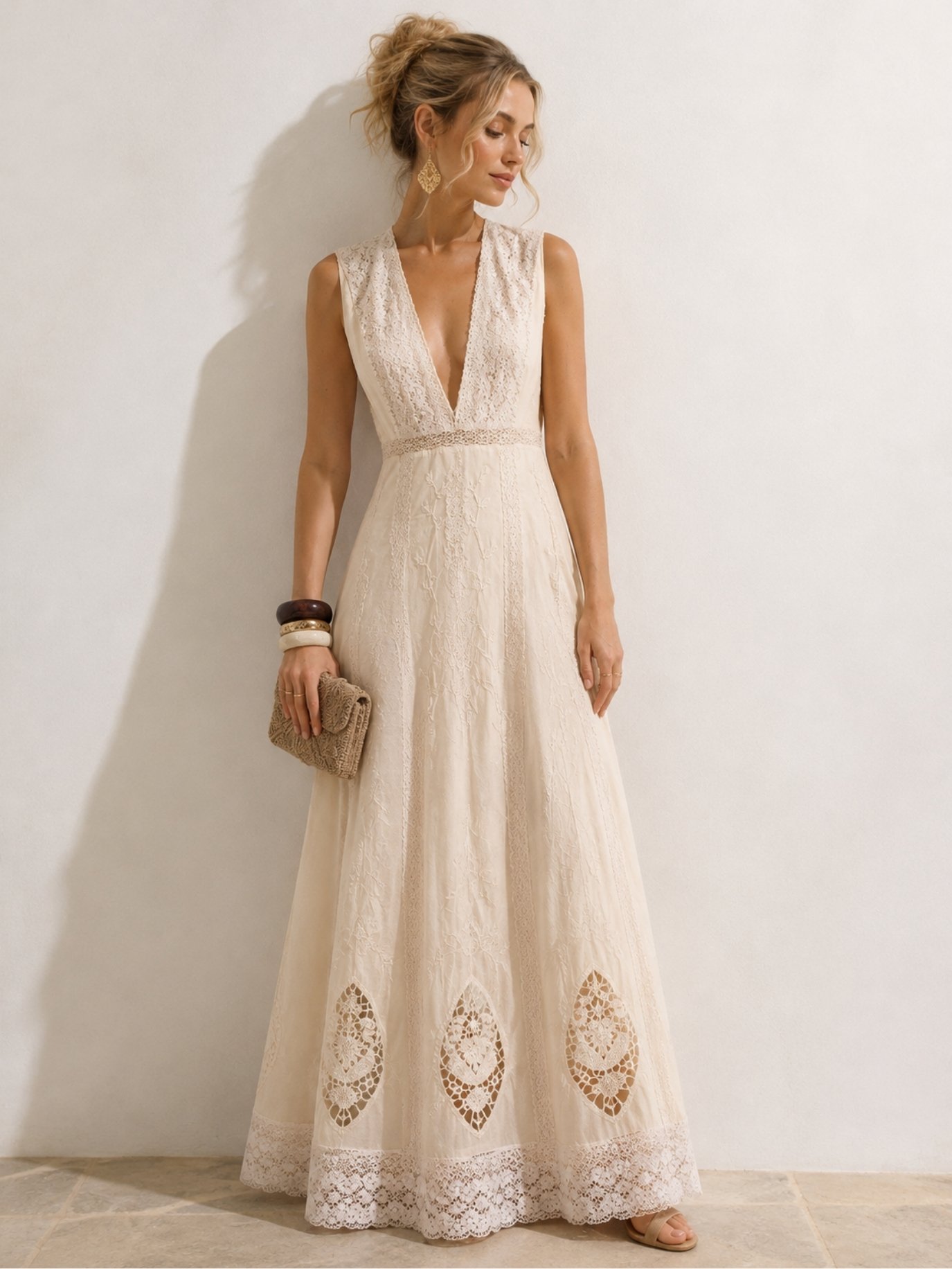Ivory Cotton Lace Embroidered Maxi Dress SK62320