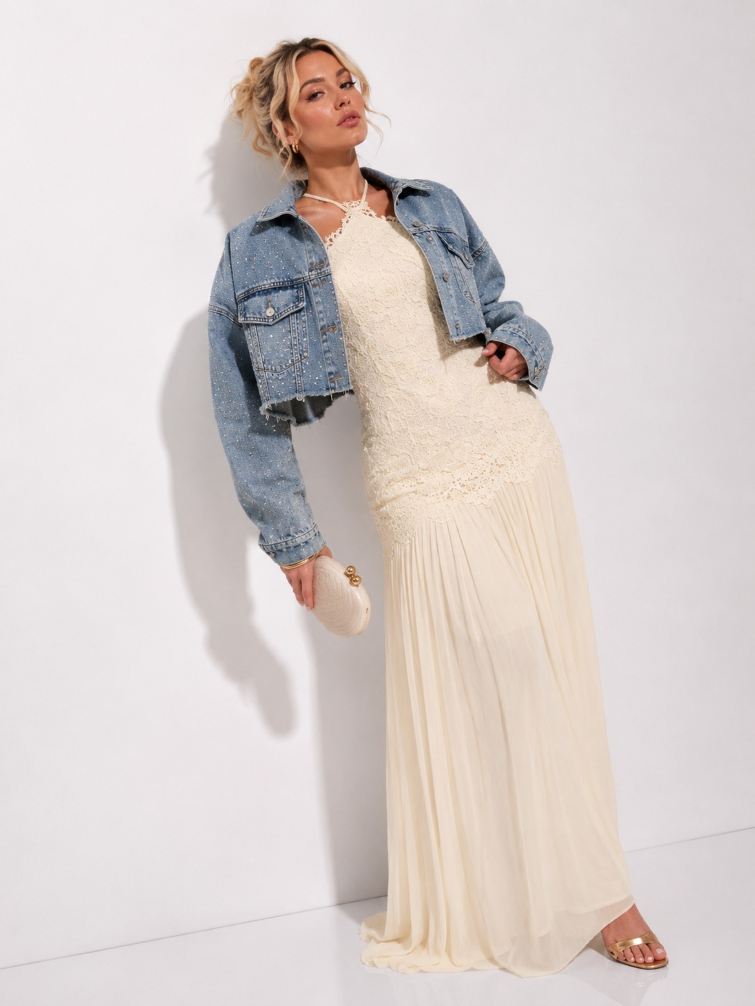 Ivory Floral Lace Halter Maxi Dress SK62390 - Image 3