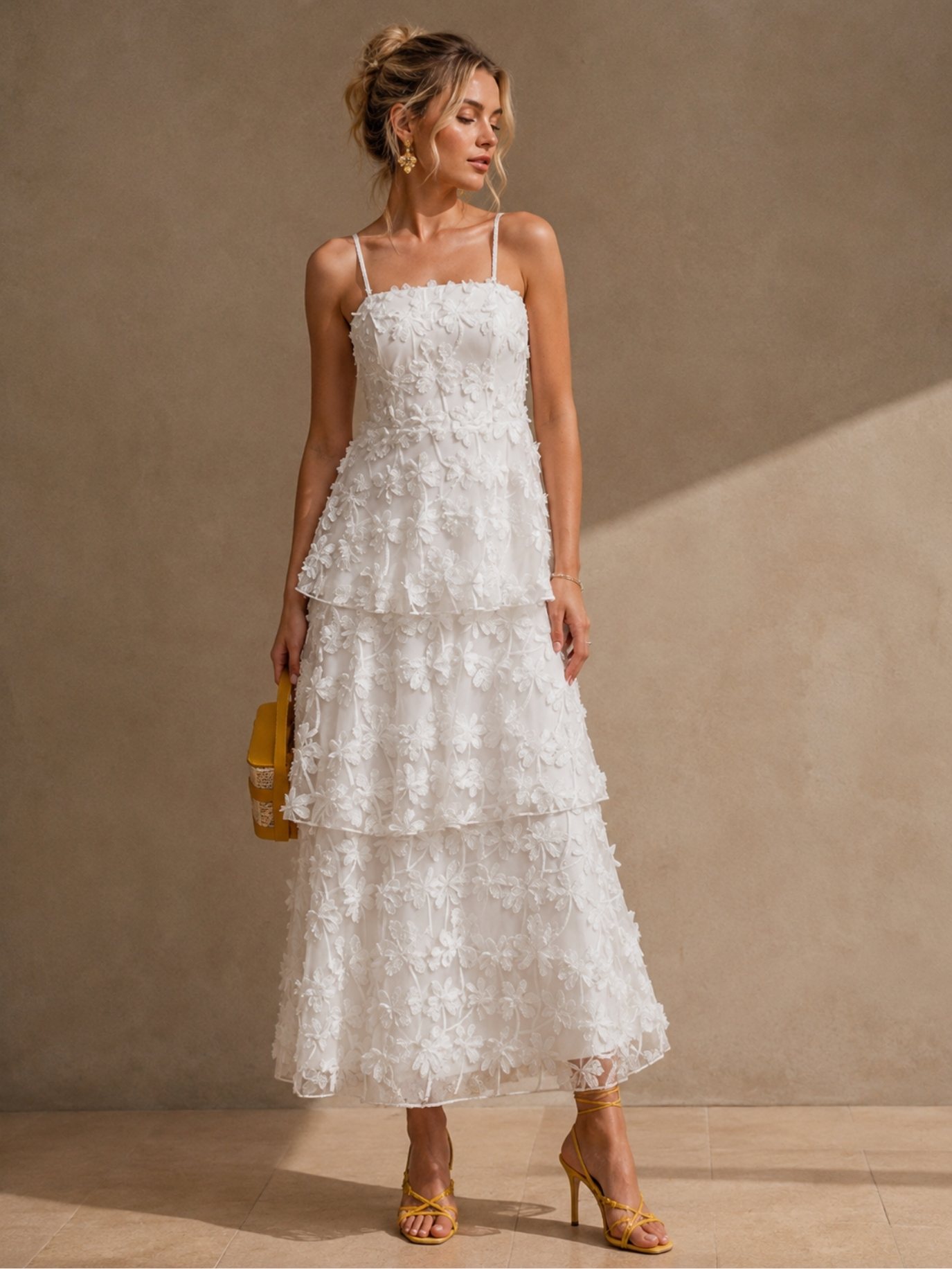 Ivory Floral Embroidered Tiered Maxi Dress SK62333 - Image 2