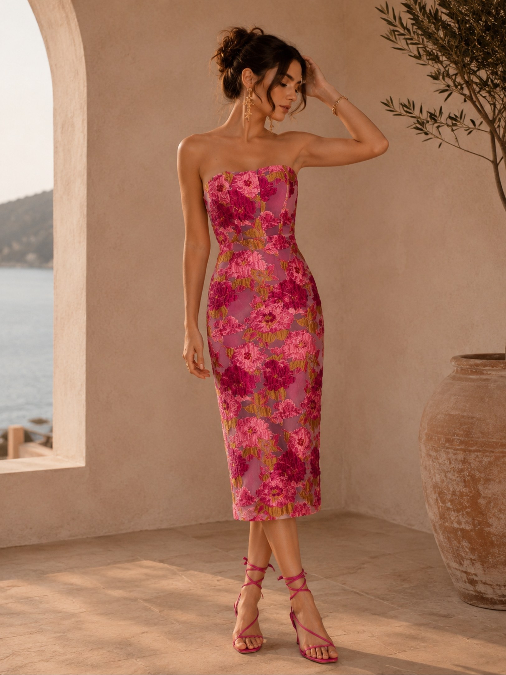 Pink Floral Strapless Midi Dress SK62348 - Image 5