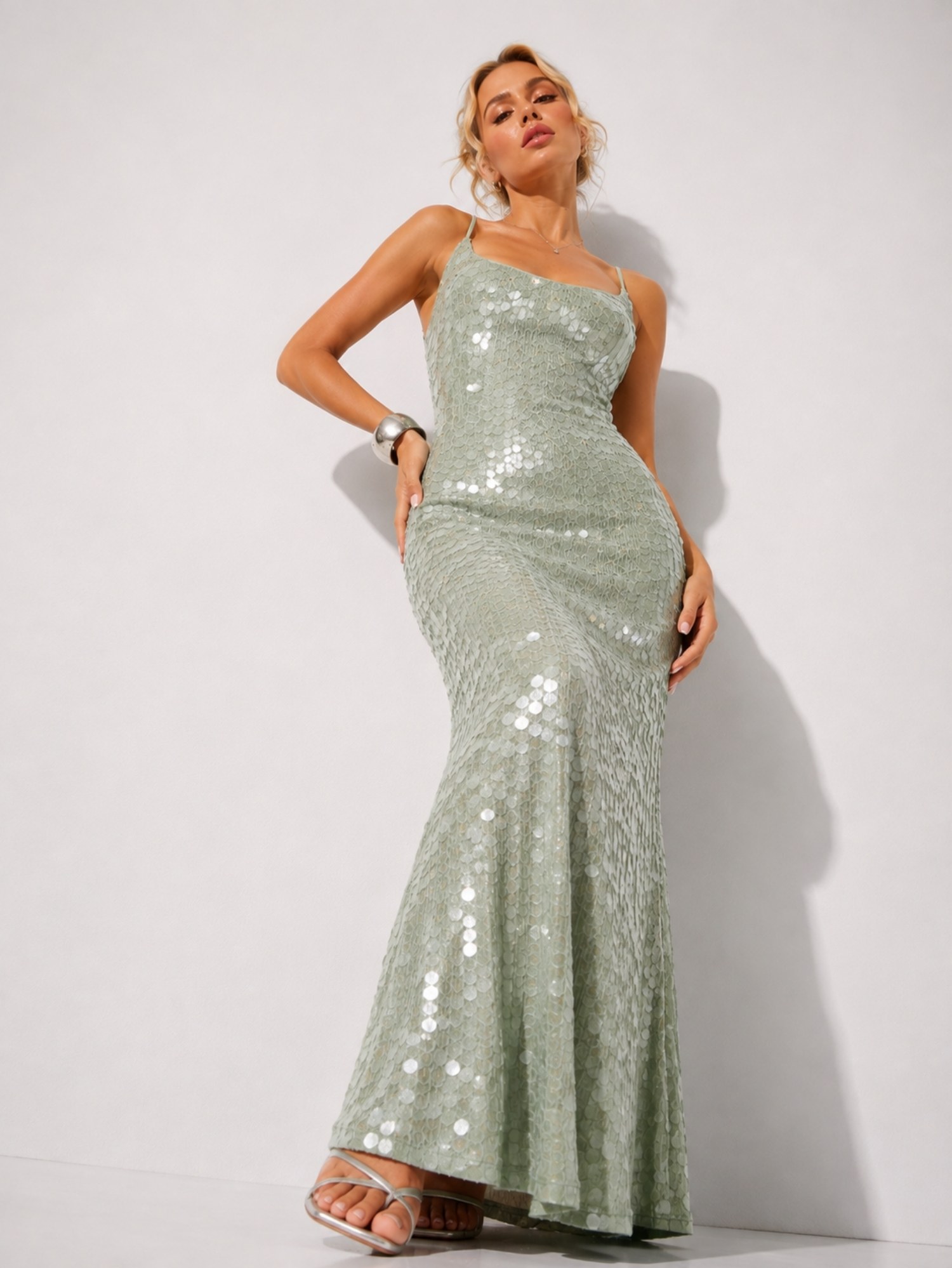 Sage Green Sequin Column Maxi Dress SK62383 - Image 2