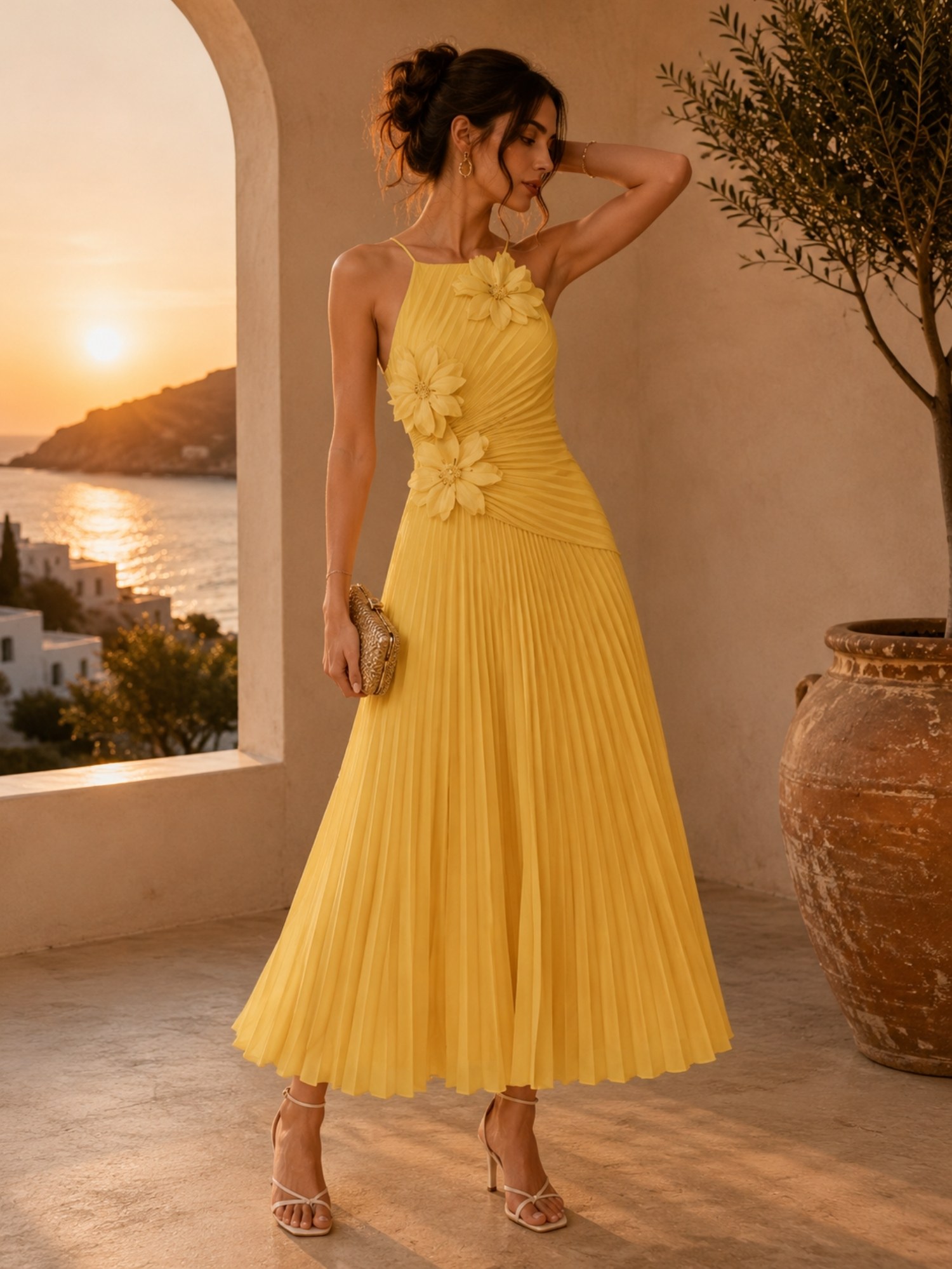 Butter Yellow Floral Pleated Midi Dress SK62362 - Image 5