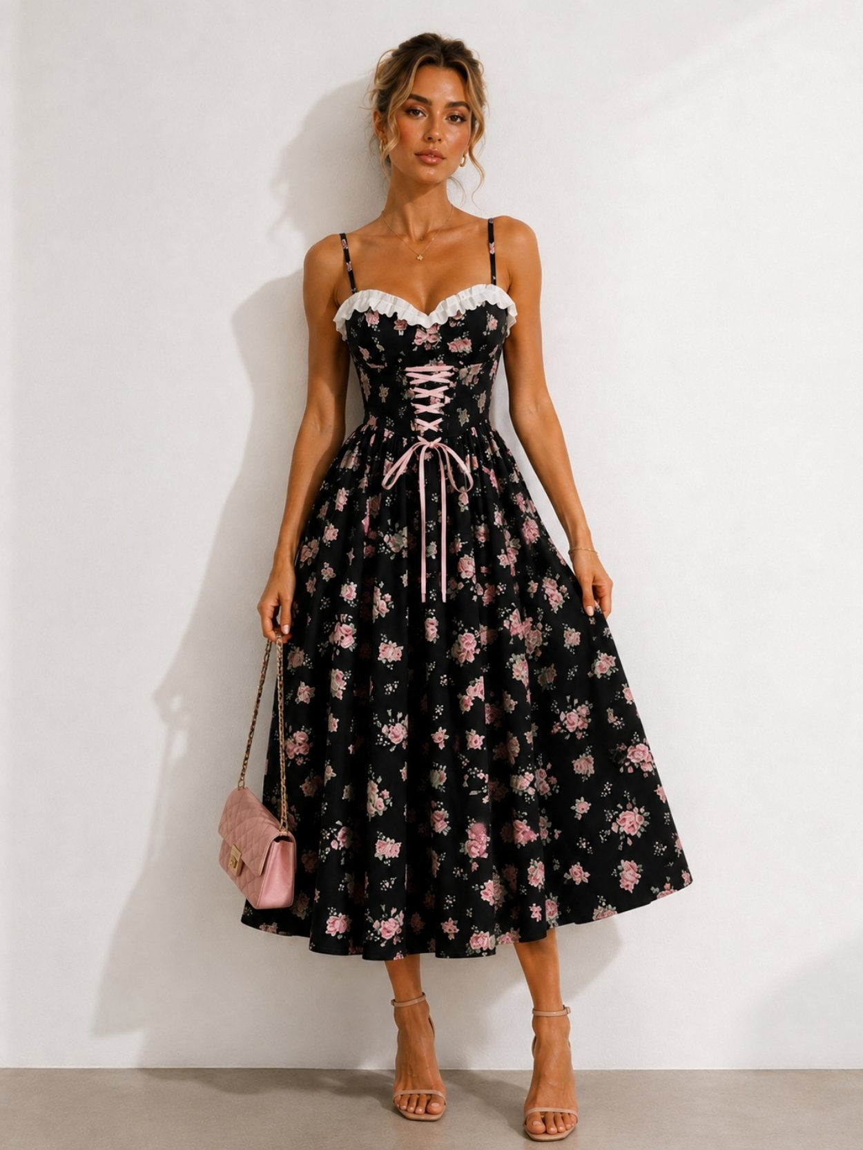 Black Floral Corset Midi Dress with Lace Trim SK62222 - Image 2