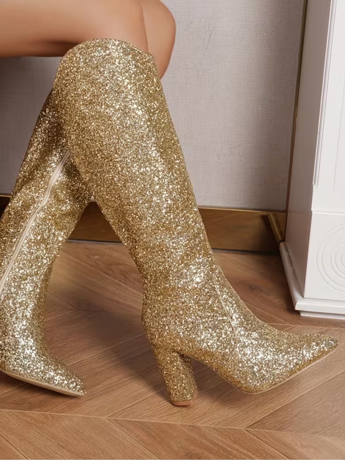 Gold Glitter Knee High Block Heel Boots SK62604 - Image 4