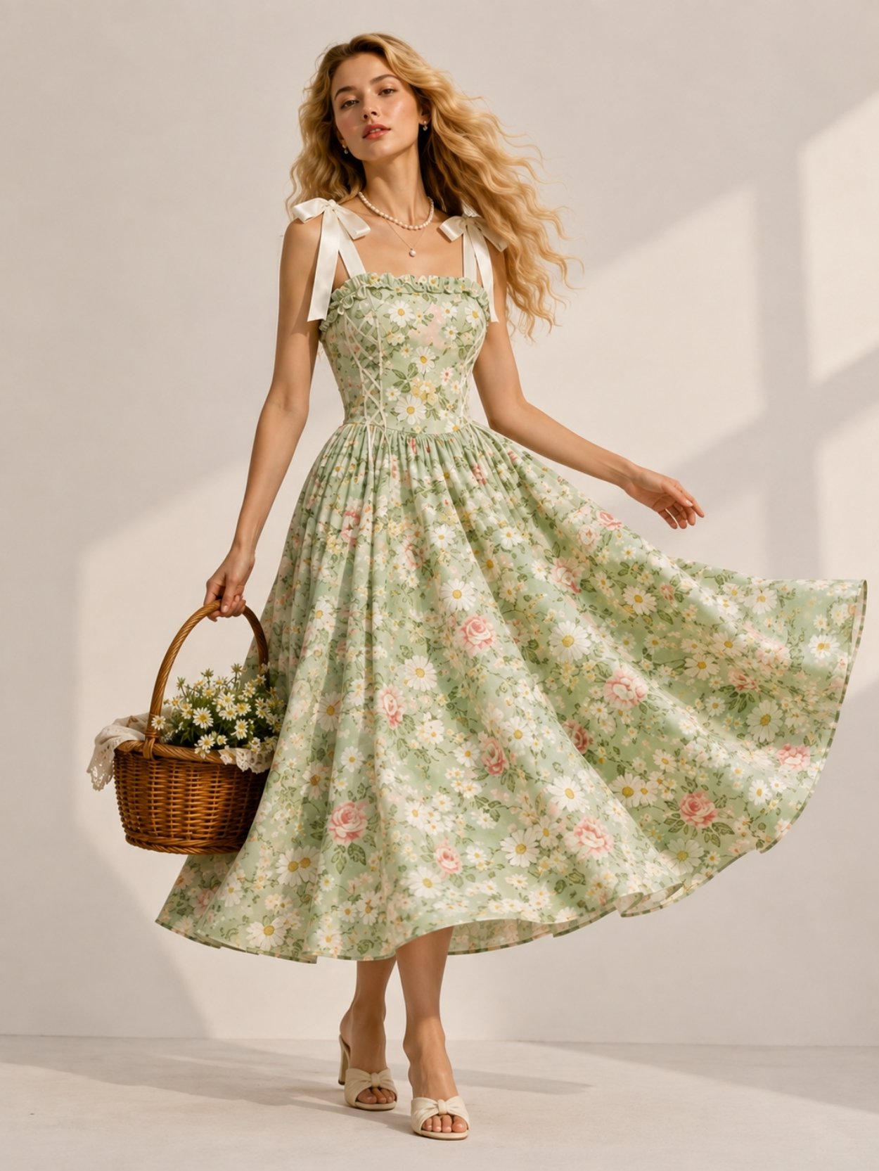 Floral Corset Midi Dress with Bow Straps SK62152