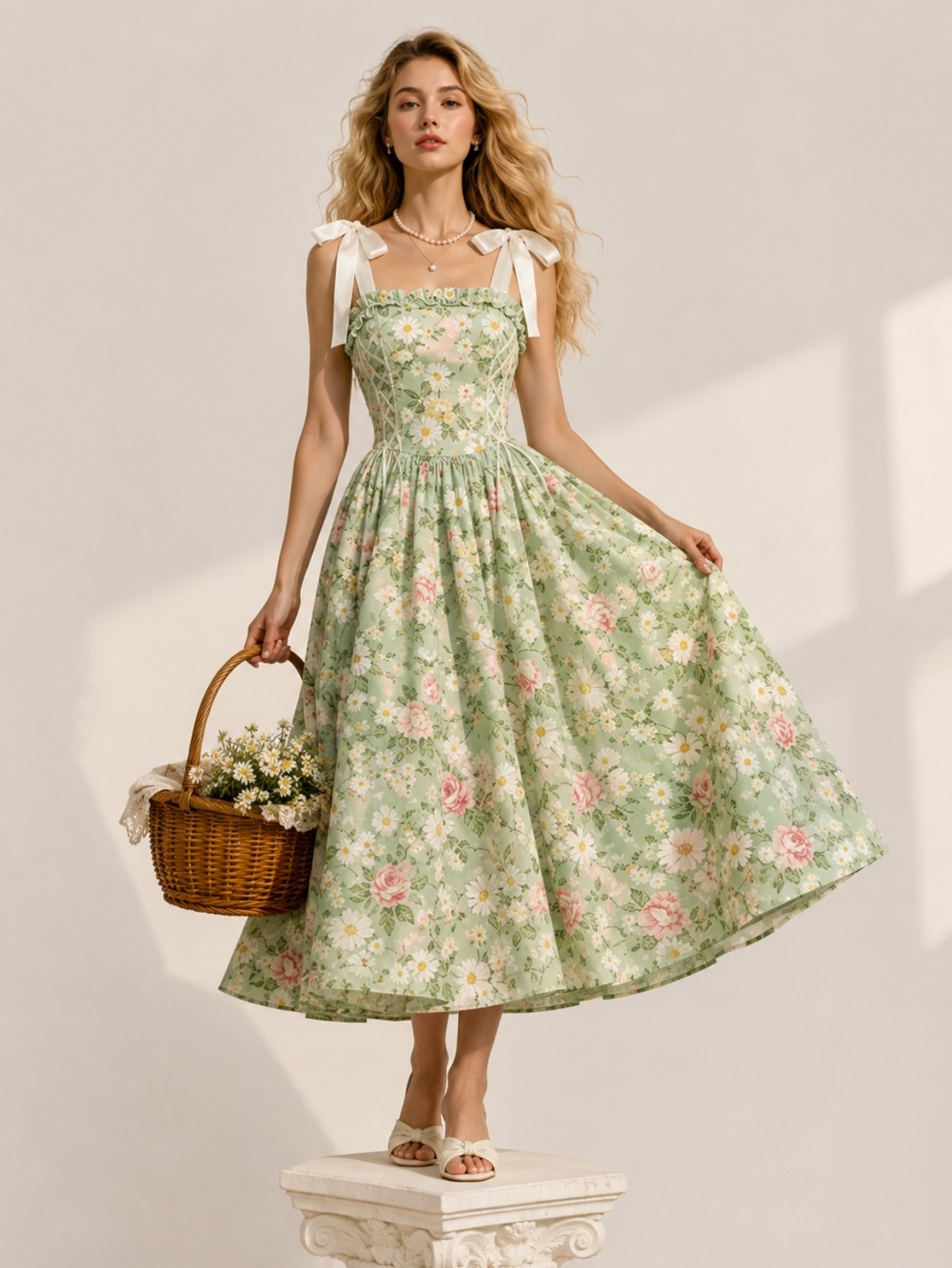 Floral Corset Midi Dress with Bow Straps SK62152 - Image 3