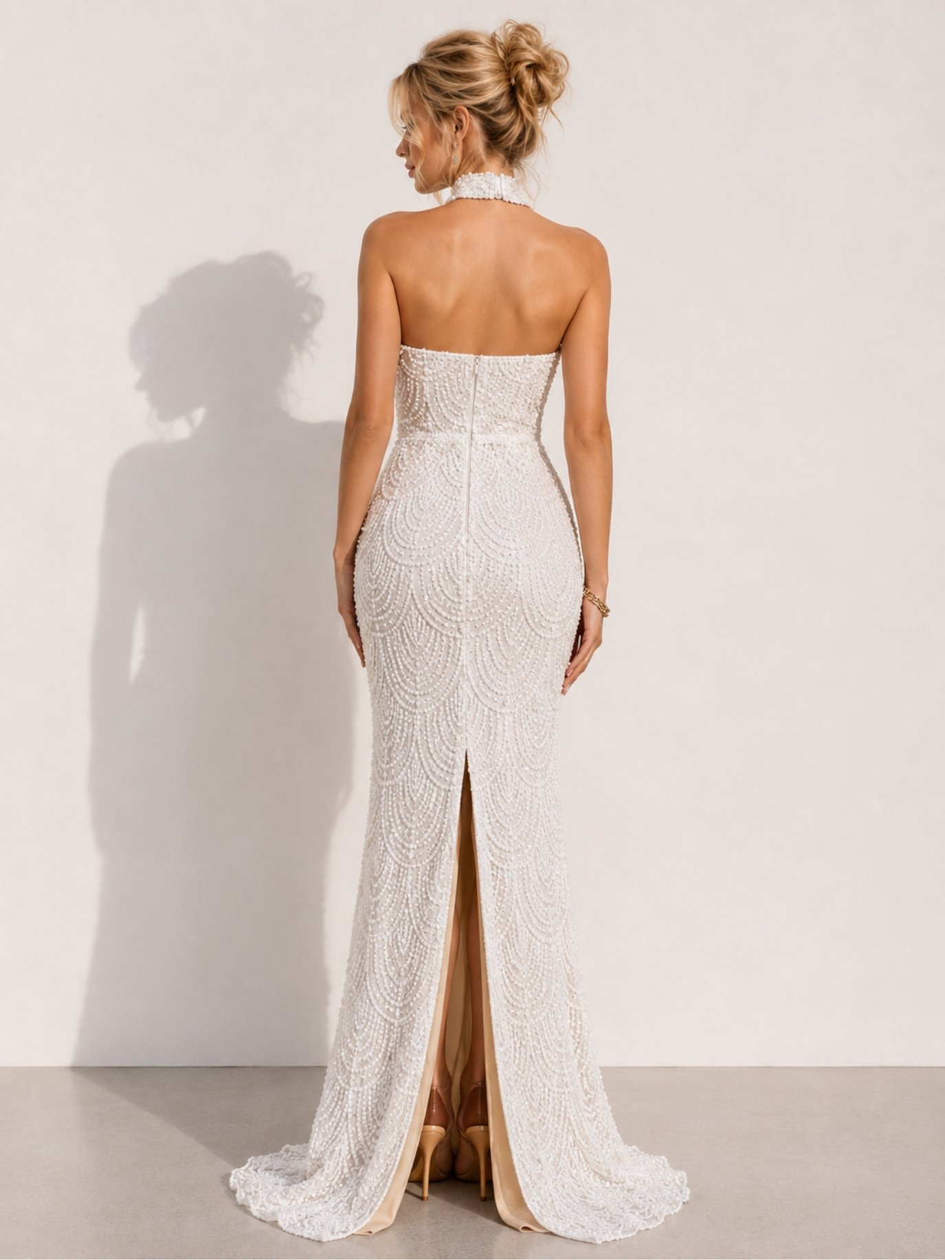 Ivory Pearl Embellished Halter Mermaid Wedding Dress SK62300 - Image 4