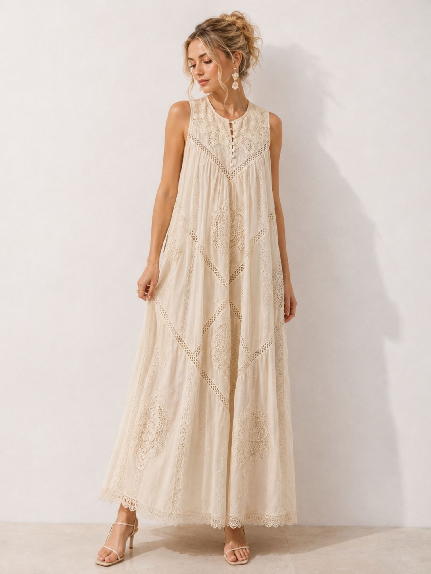 Ivory Cotton Embroidered Maxi Dress SK62326