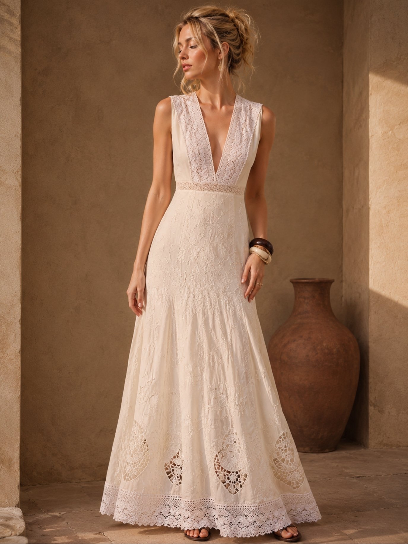 Ivory Cotton Lace Embroidered Maxi Dress SK62320 - Image 2