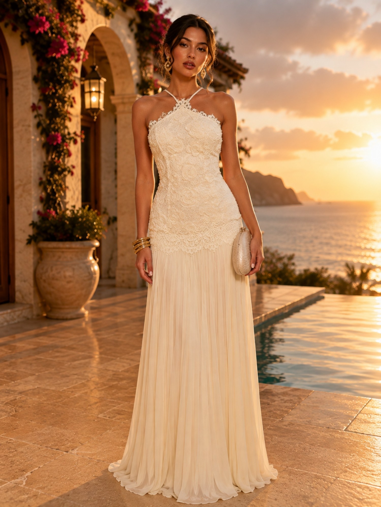 Ivory Floral Lace Halter Maxi Dress SK62390 - Image 4