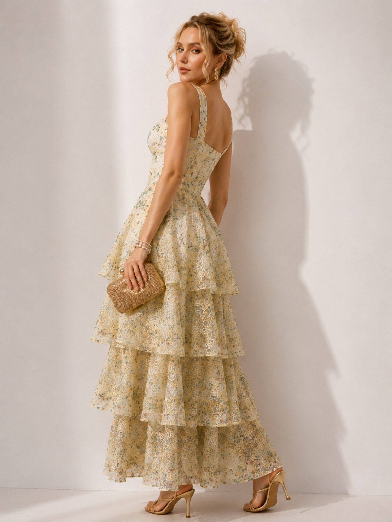 Ivory Floral Tiered Ruffle Midi Dress SK62355 - Image 5