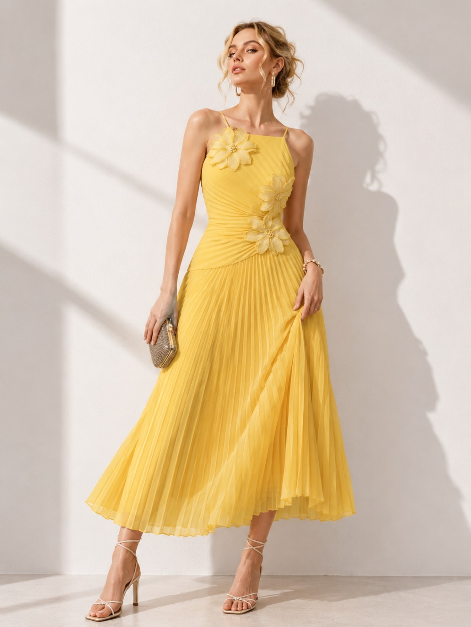 Butter Yellow Floral Pleated Midi Dress SK62362 - Image 2
