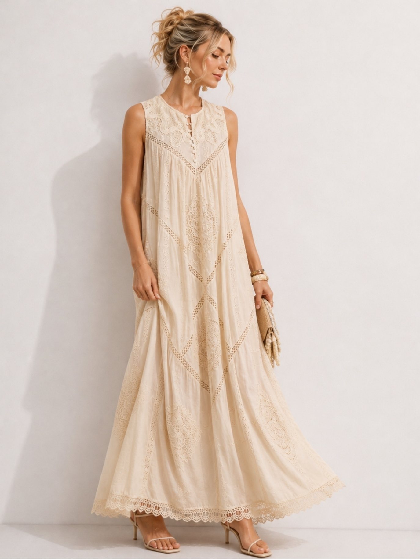 Ivory Cotton Embroidered Maxi Dress SK62326 - Image 3