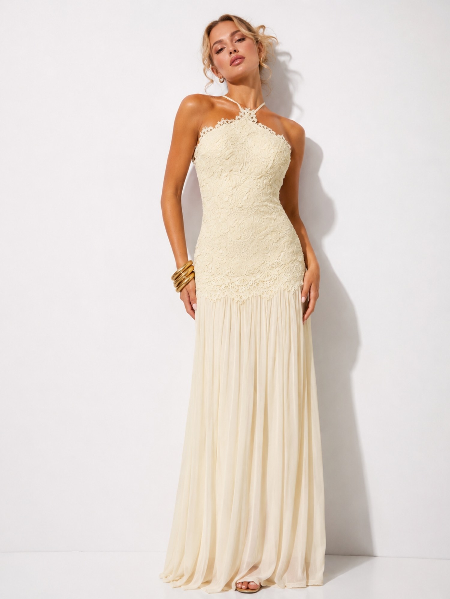 Ivory Floral Lace Halter Maxi Dress SK62390