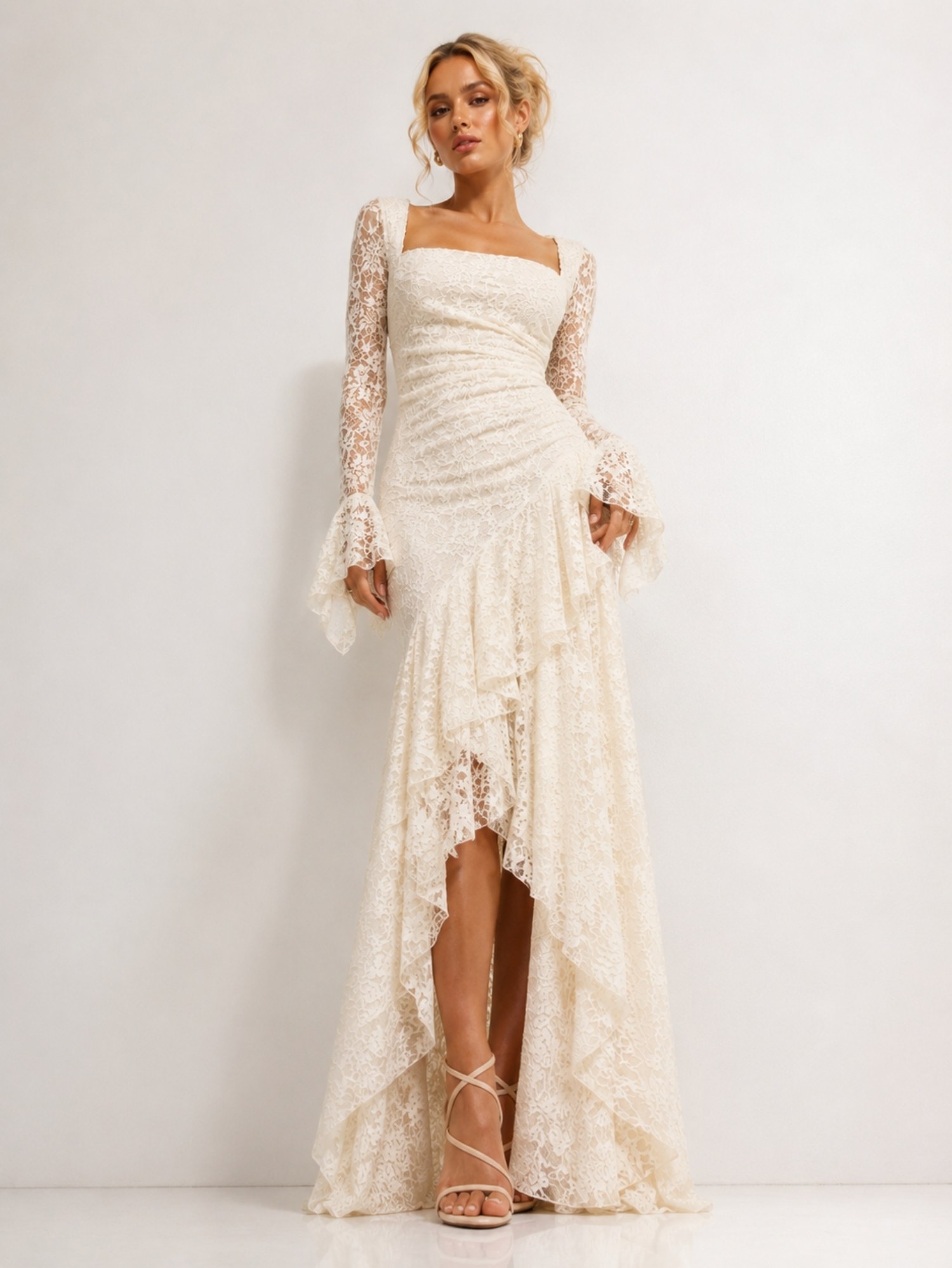 Ivory Lace Asymmetrical Mermaid Dress SK62376 - Image 3