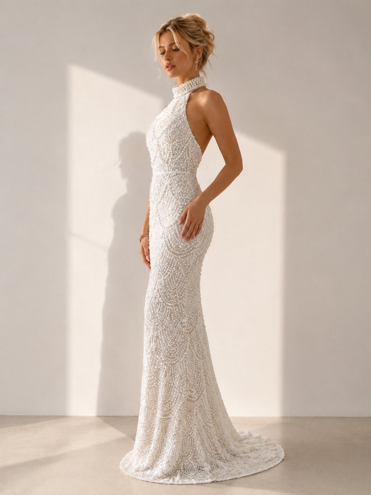 Ivory Pearl Embellished Halter Mermaid Wedding Dress SK62300 - Image 2