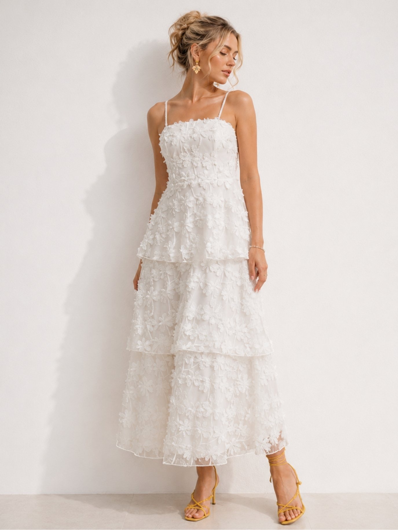 Ivory Floral Embroidered Tiered Maxi Dress SK62333
