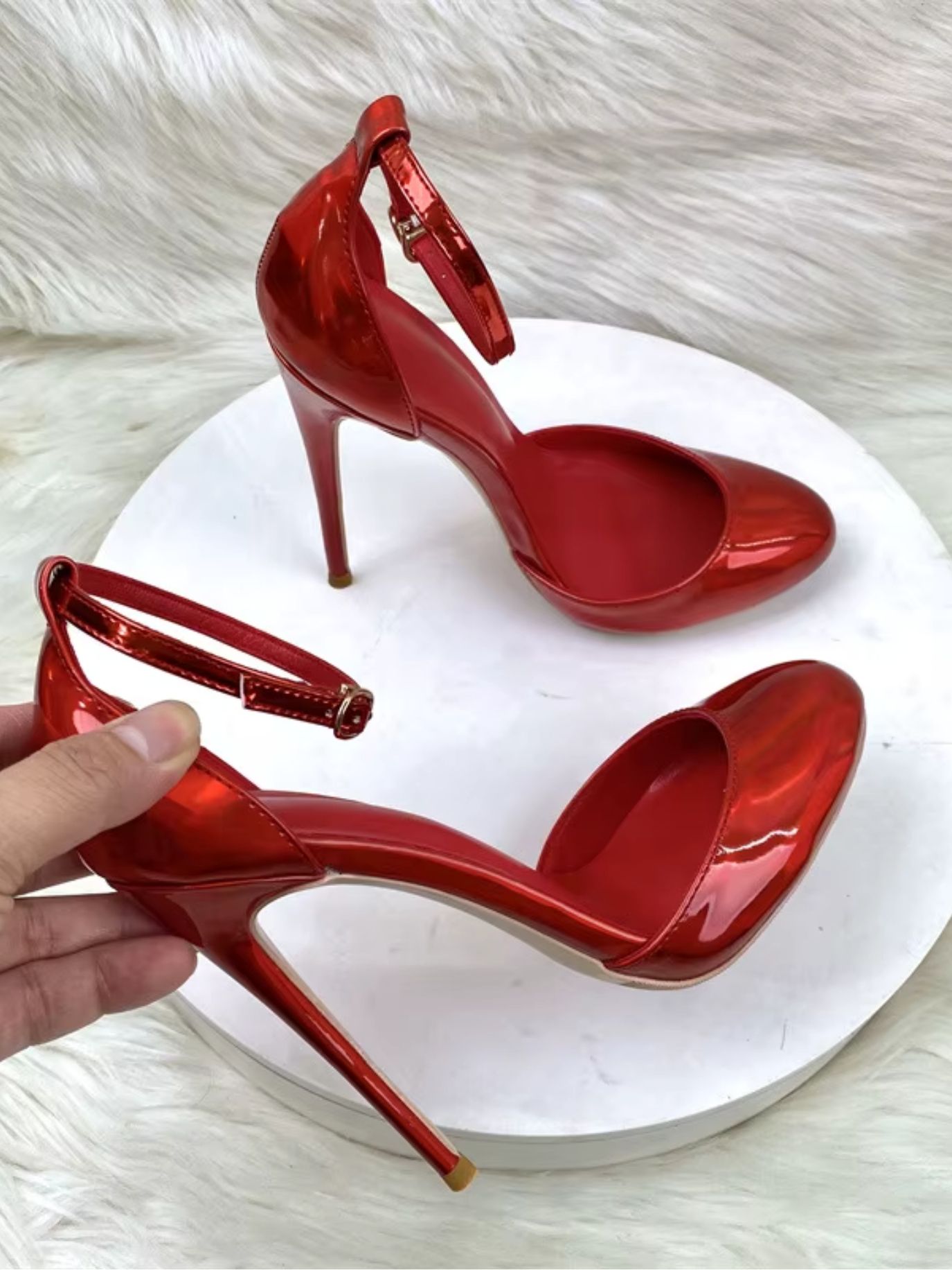 Red Patent Leather Stiletto Ankle Strap Pumps SK62619 - Image 5