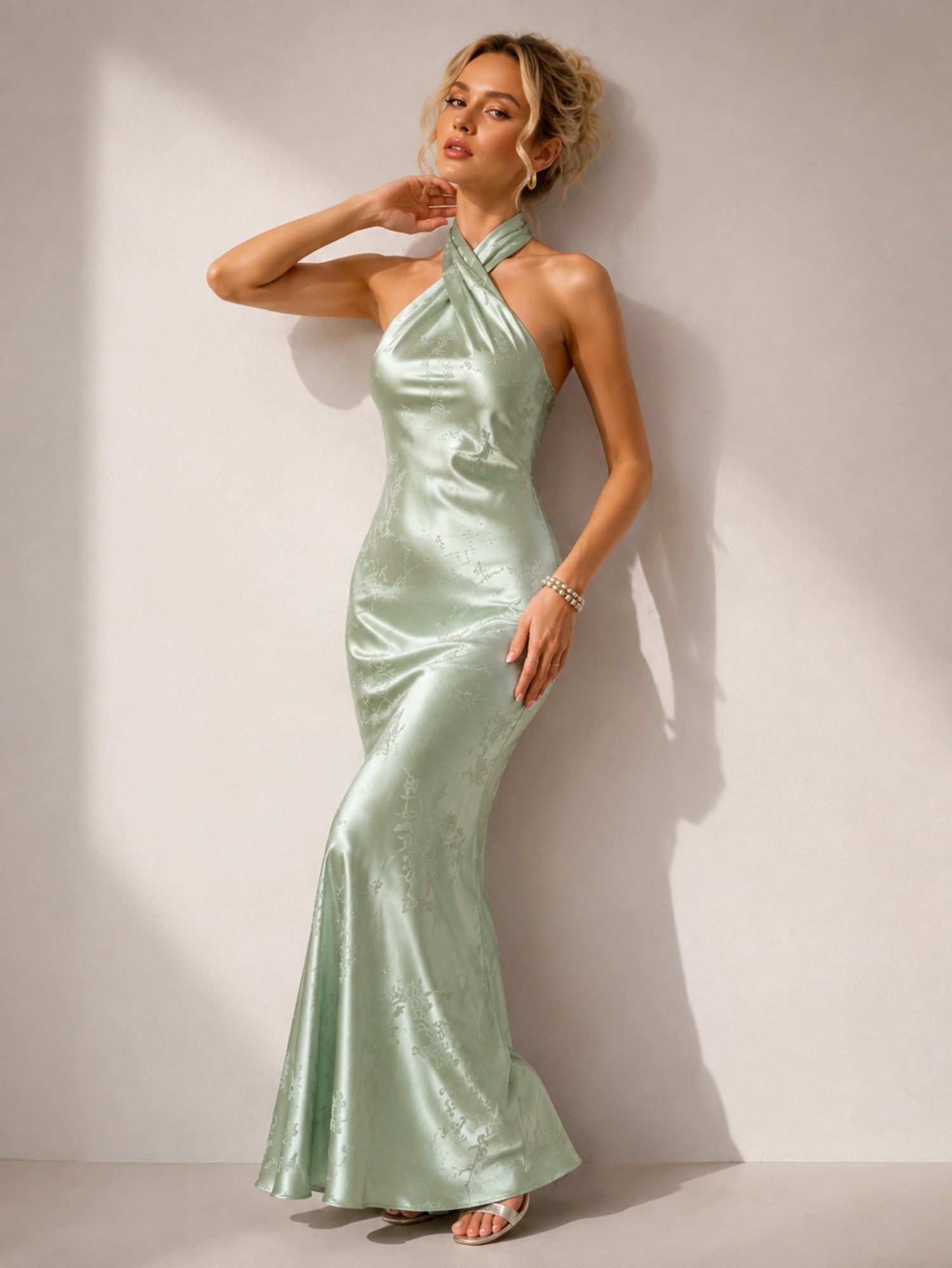 Sage Green Satin Halter Mermaid Dress SK62369 - Image 3