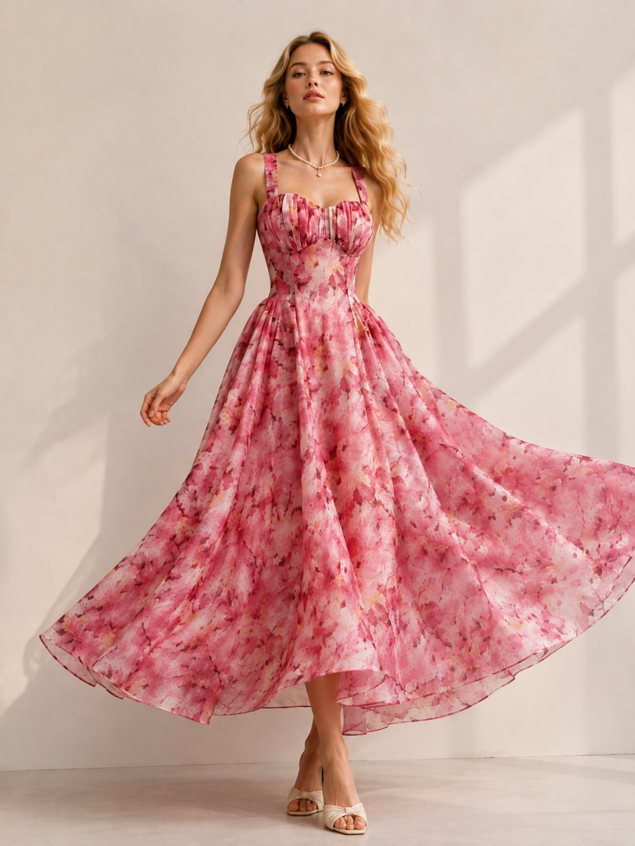 Pink Floral Corset Midi Dress with Cross Back SK62162 - Image 2