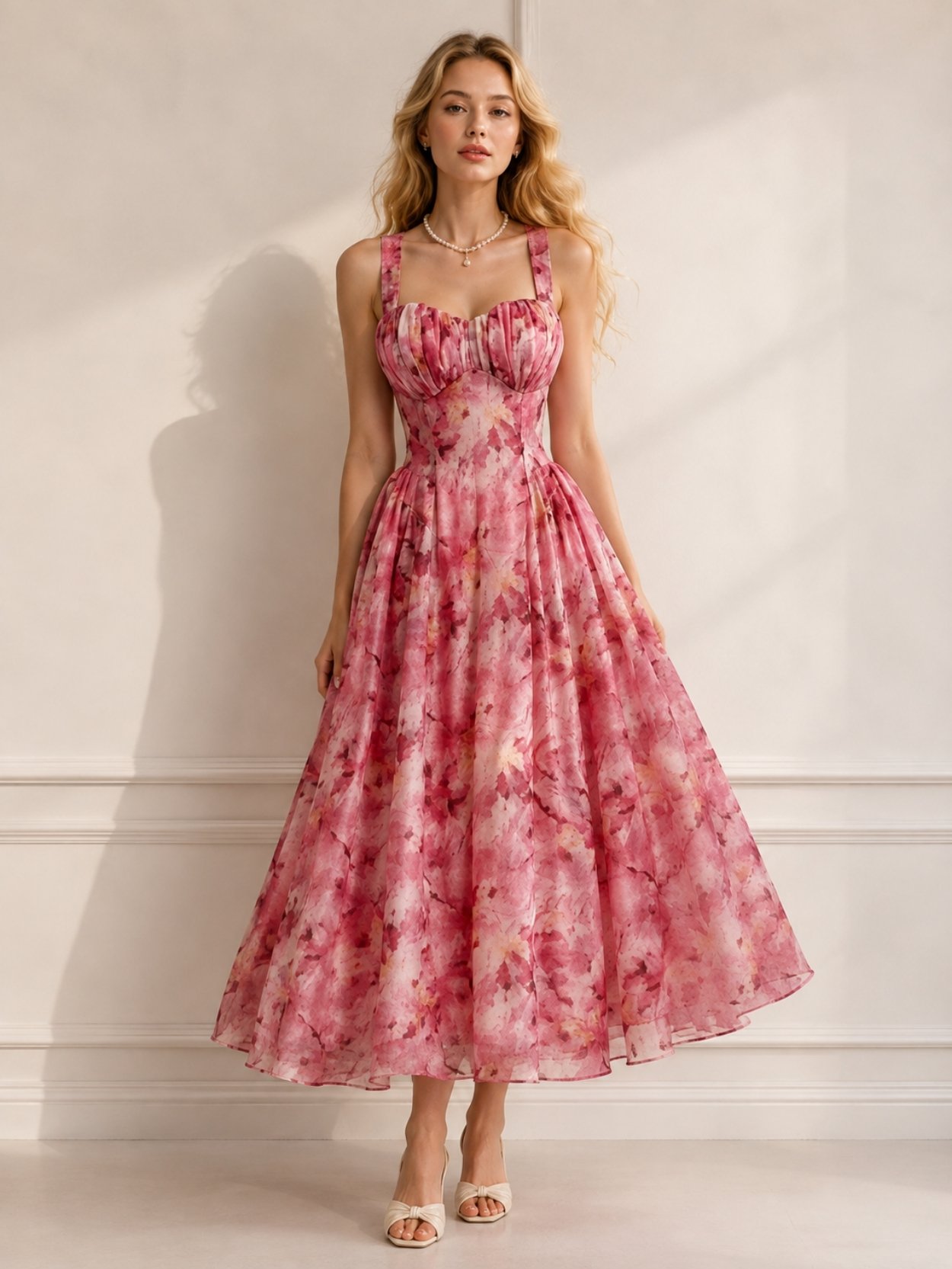 Pink Floral Corset Midi Dress with Cross Back SK62162