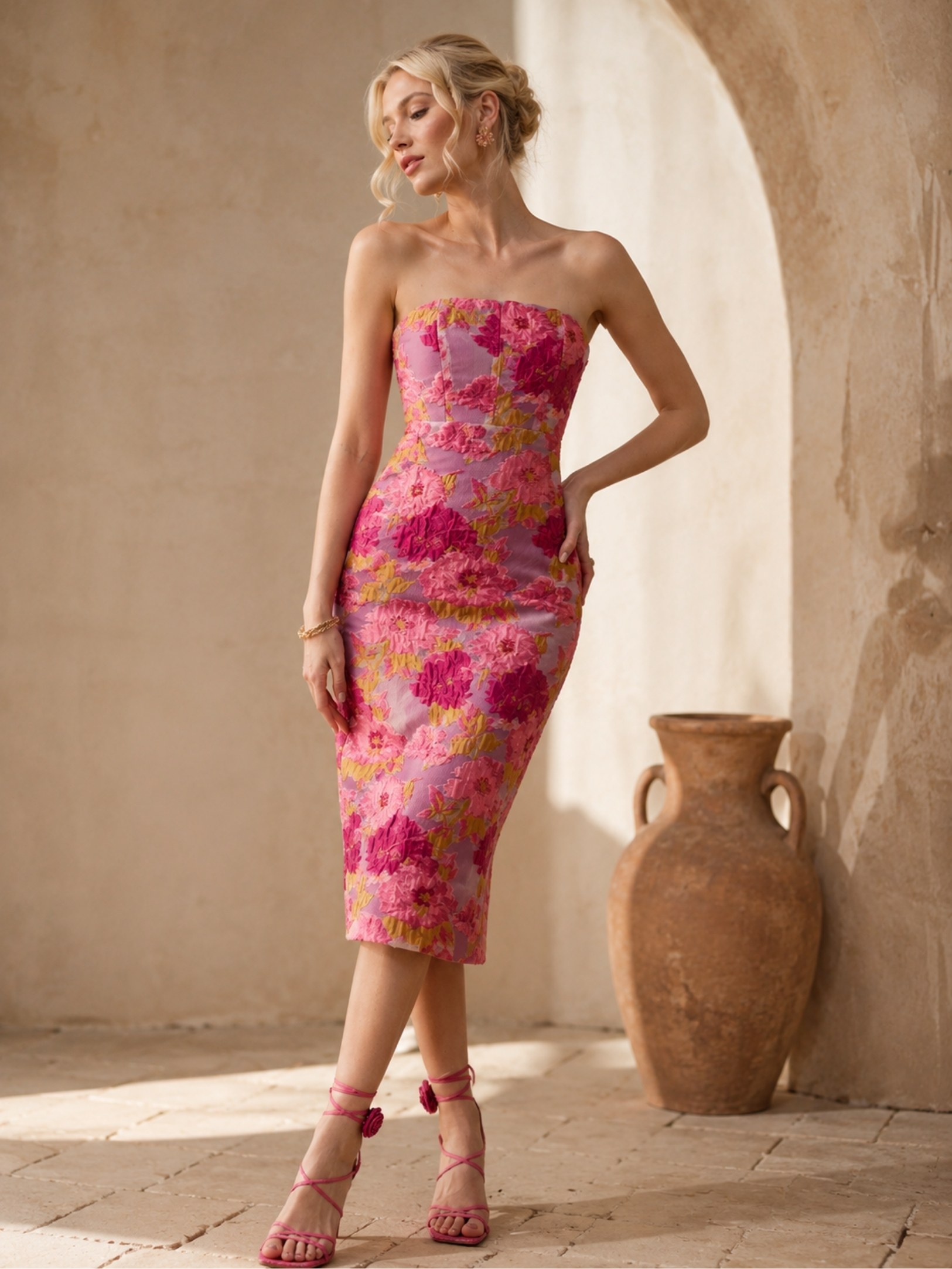 Pink Floral Strapless Midi Dress SK62348