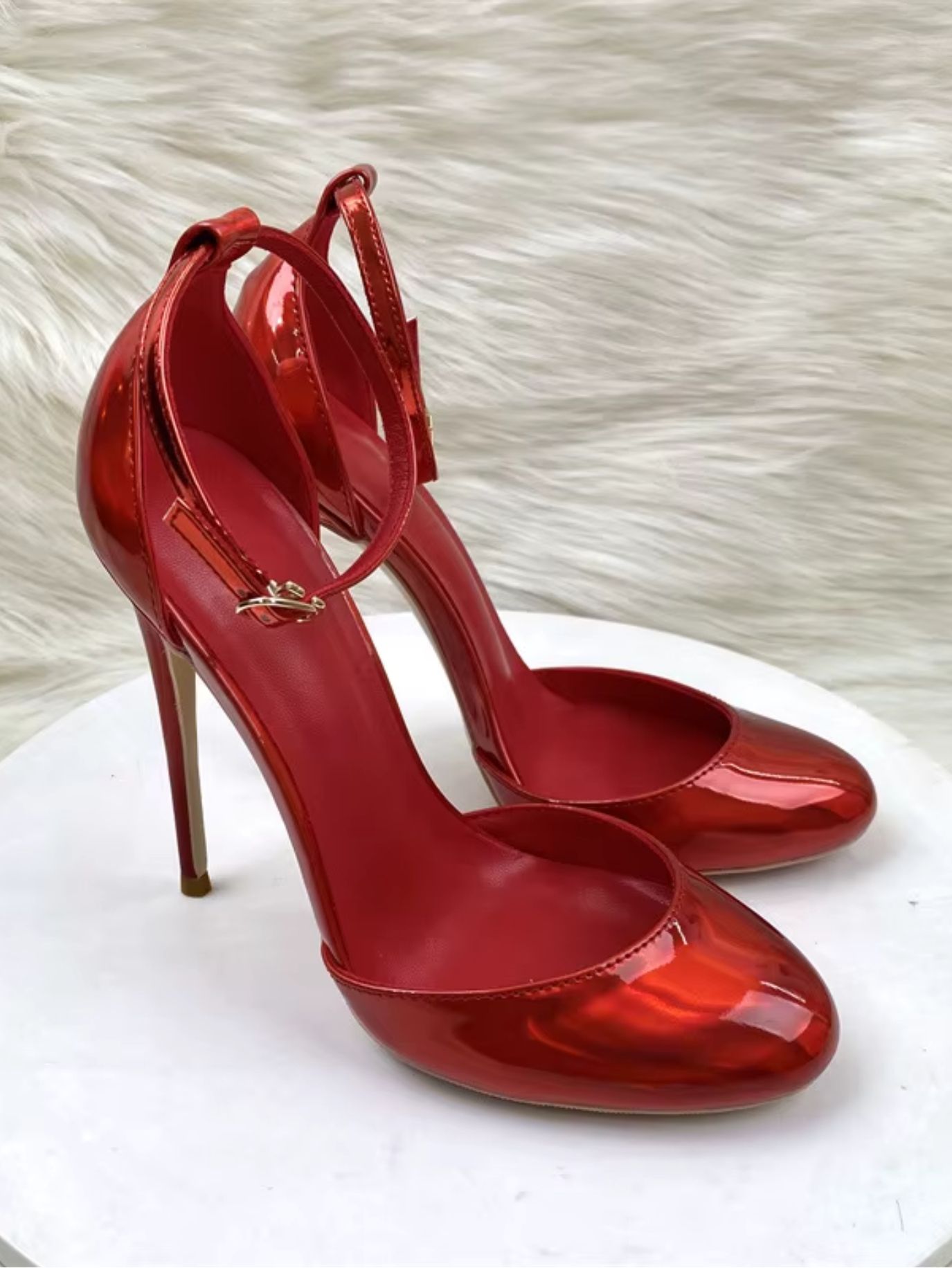Red Patent Leather Stiletto Ankle Strap Pumps SK62619 - Image 4