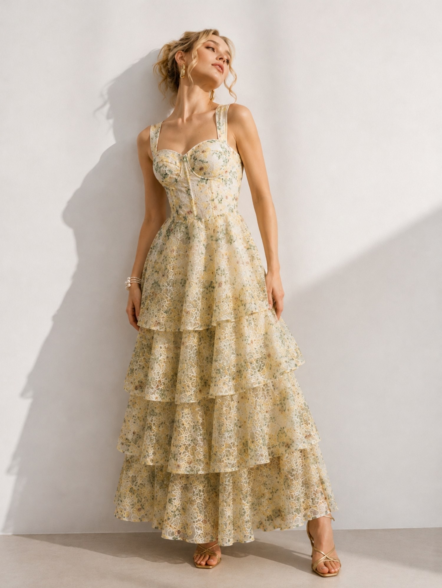 Ivory Floral Tiered Ruffle Midi Dress SK62355 - Image 2