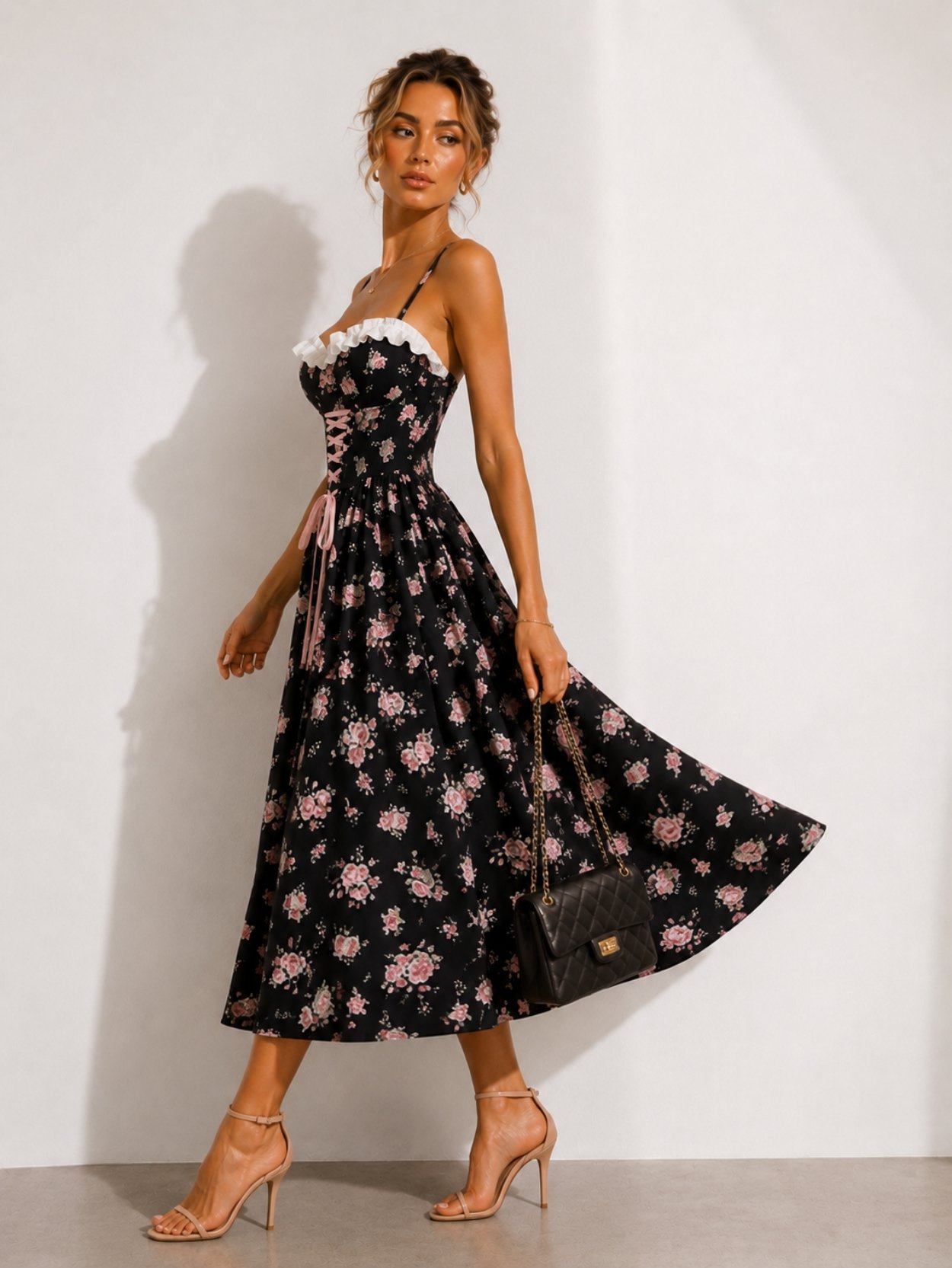 Black Floral Corset Midi Dress with Lace Trim SK62222 - Image 3