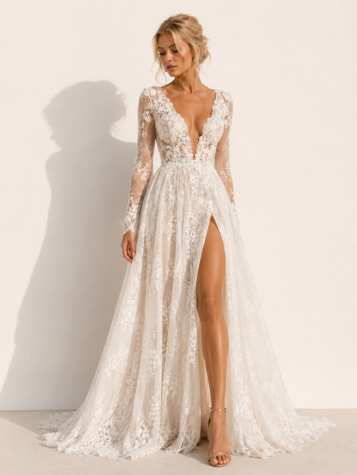 Ivory Long Sleeve Lace Wedding Dress SK62293