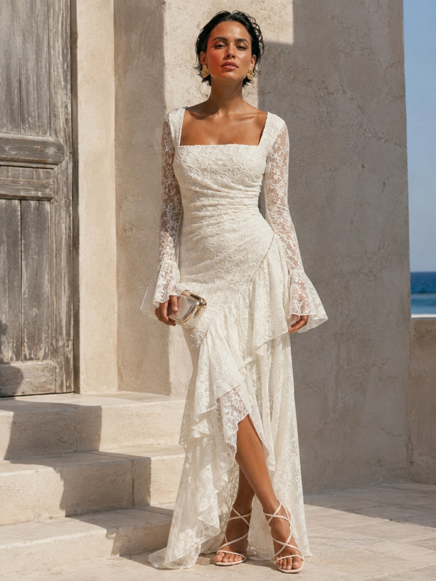 Ivory Lace Asymmetrical Mermaid Dress SK62376 - Image 4