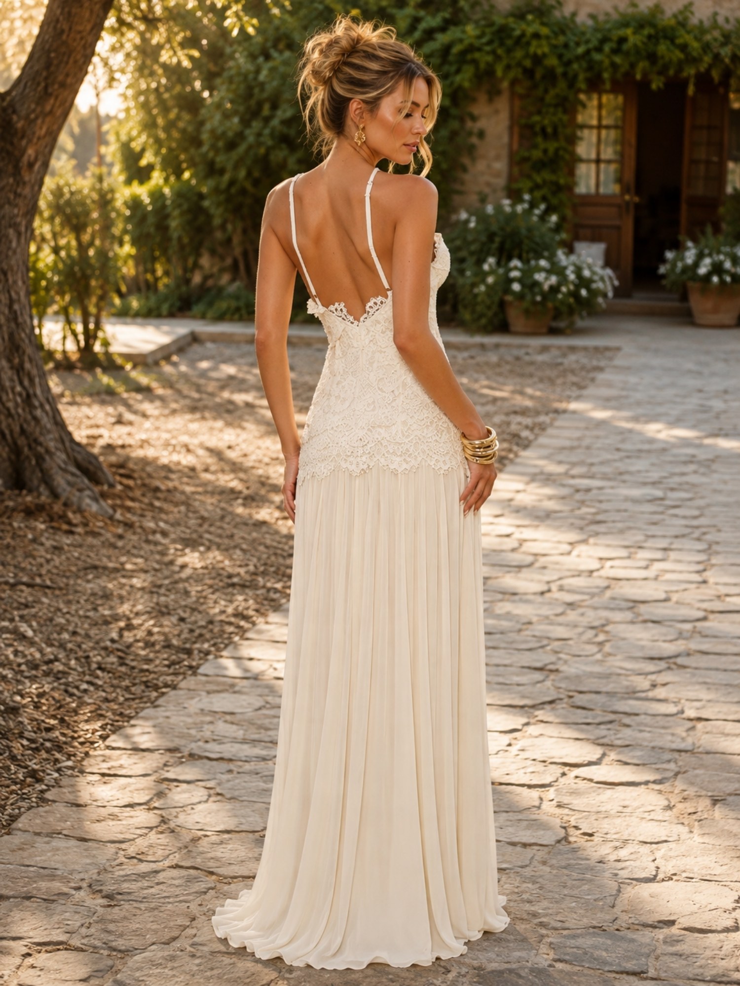 Ivory Floral Lace Halter Maxi Dress SK62390 - Image 2