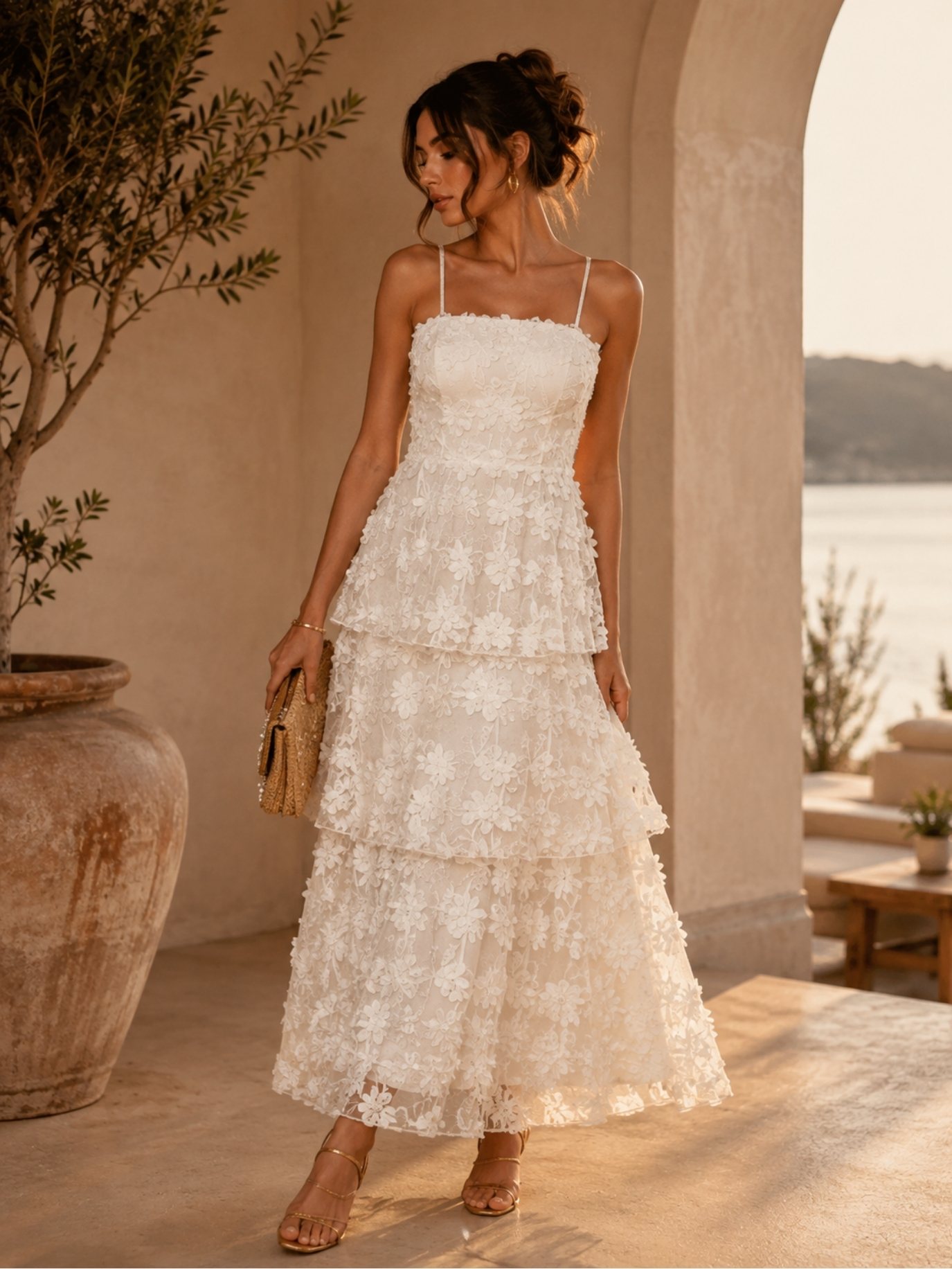 Ivory Floral Embroidered Tiered Maxi Dress SK62333 - Image 4