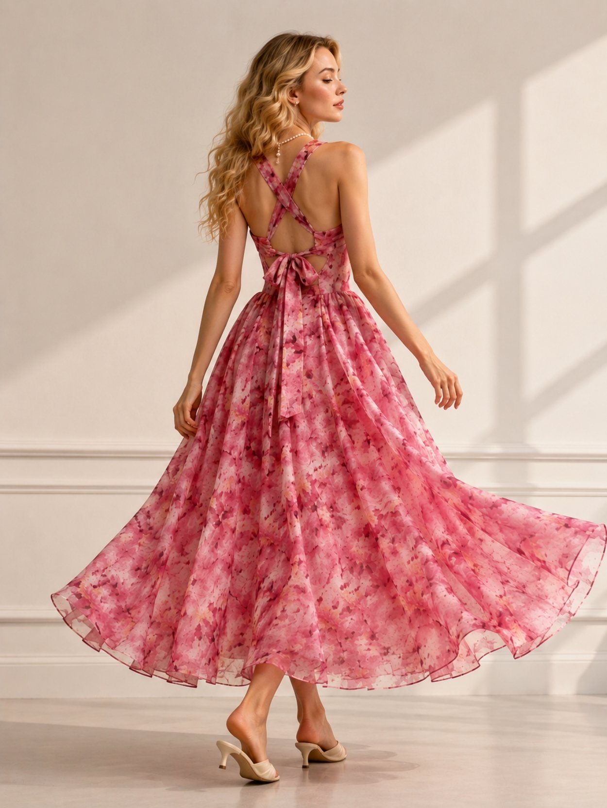 Pink Floral Corset Midi Dress with Cross Back SK62162 - Image 4