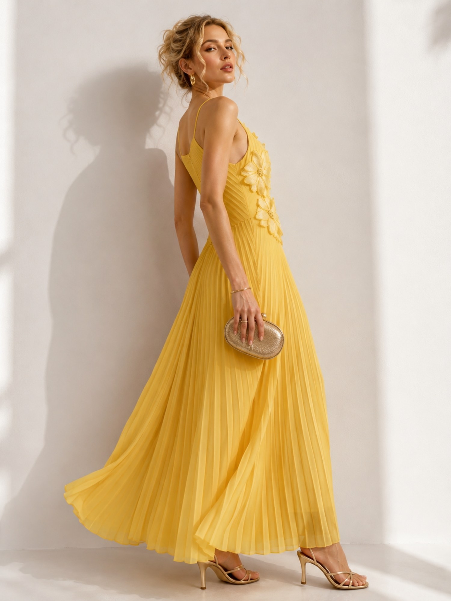 Butter Yellow Floral Pleated Midi Dress SK62362 - Image 3