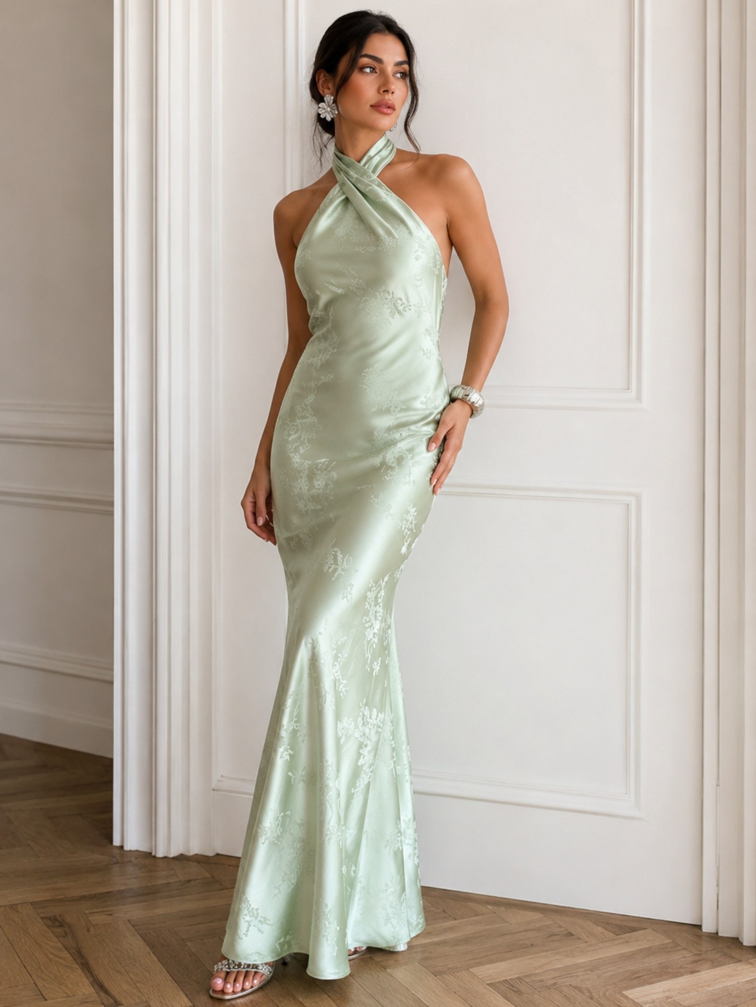 Sage Green Satin Halter Mermaid Dress SK62369 - Image 2