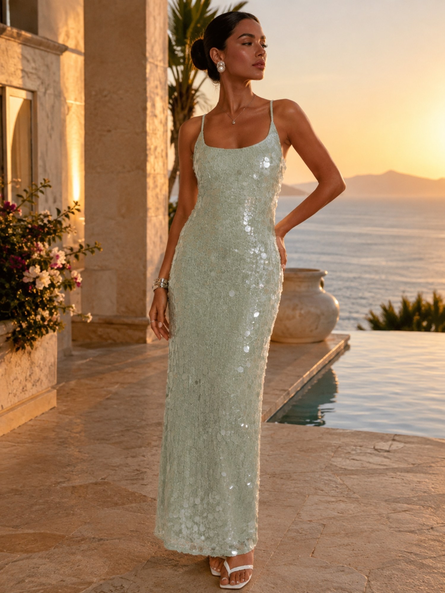 Sage Green Sequin Column Maxi Dress SK62383 - Image 5