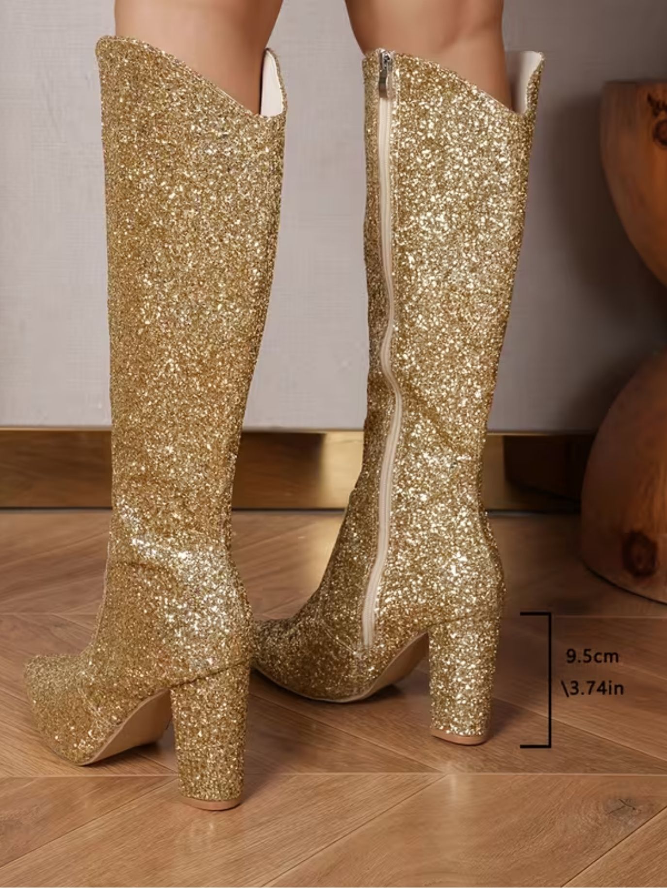 Gold Glitter Knee High Block Heel Boots SK62604 - Image 3