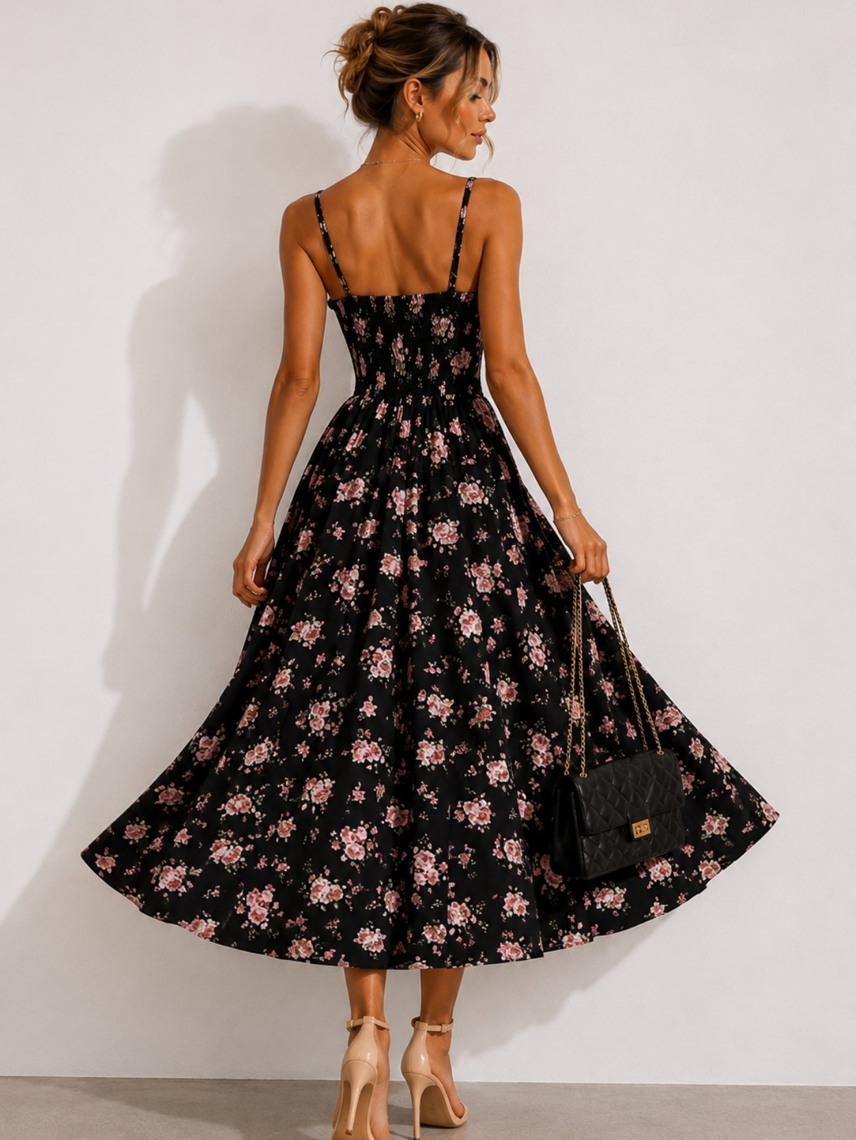Black Floral Corset Midi Dress with Lace Trim SK62222 - Image 5