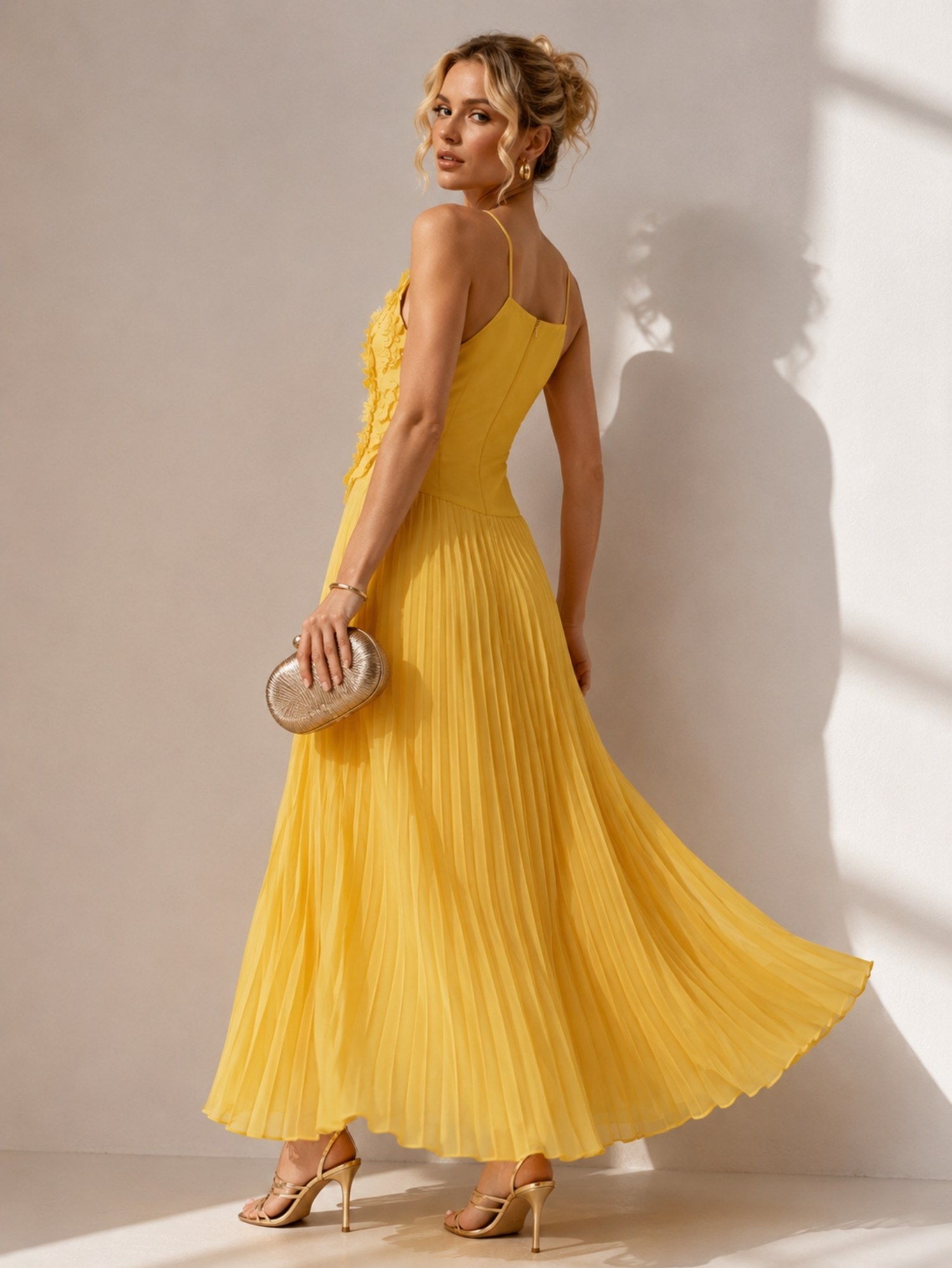 Butter Yellow Floral Pleated Midi Dress SK62362 - Image 4